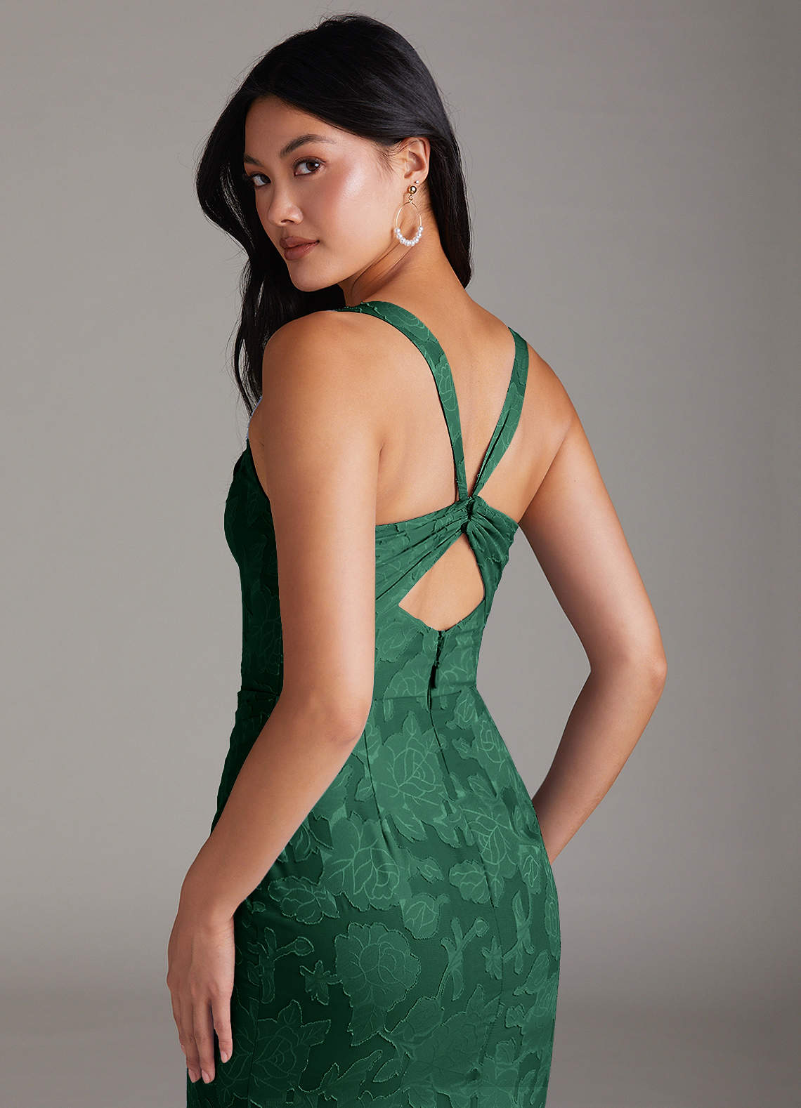 Azazie Mero Bridesmaid Dresses Dark Green Sheath Pleated Floral Burnout Dress image4