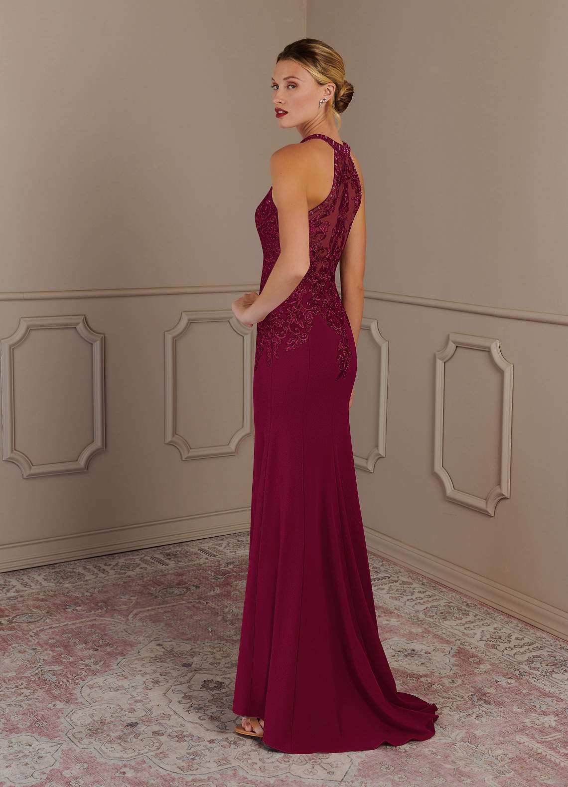 Azazie Tyra Mother of the Bride Dresses Burgundy Mermaid Halter Lace Stretch Crepe Dress image2