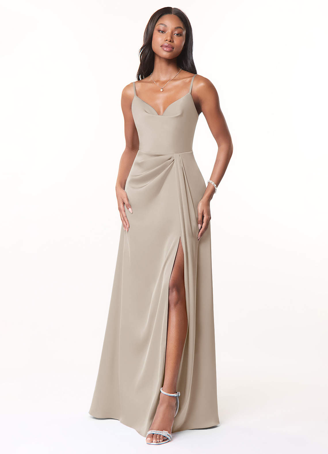 Azazie Brielle Bridesmaid Dresses Frost A-Line Cowl Spaghetti Straps Stretch Satin Dress image1