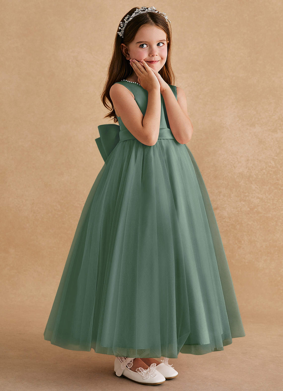 Azazie Cookie Flower Girl Dresses Eucalyptus A-Line Bow Tulle Dress image2