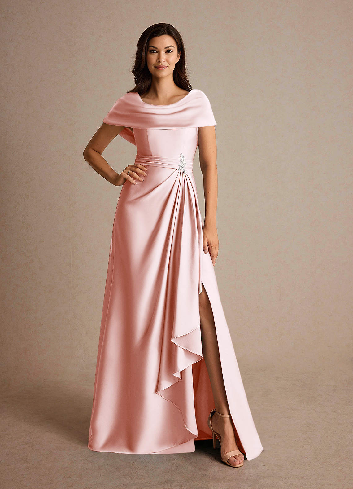 Azazie Branford Mother of the Bride Dresses Blushing Pink A-Line Pleated Stretch Satin Dress image4