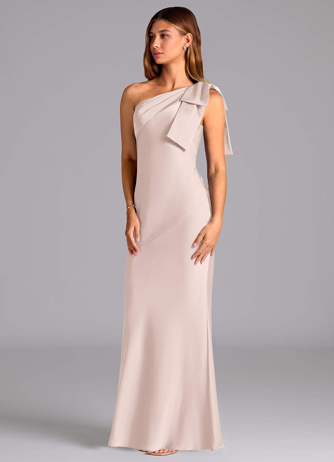 Azazie Yuanna Bridesmaid Dresses Blushing Pink Mermaid One Shoulder Stretch Satin Dress image3