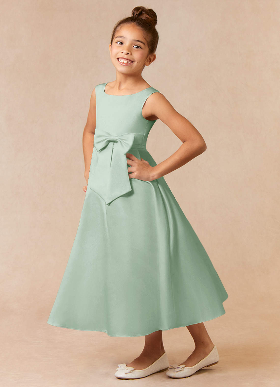 Azazie Lindy Flower Girl Dresses Agave A-Line Pleated Matte Satin Dress image1