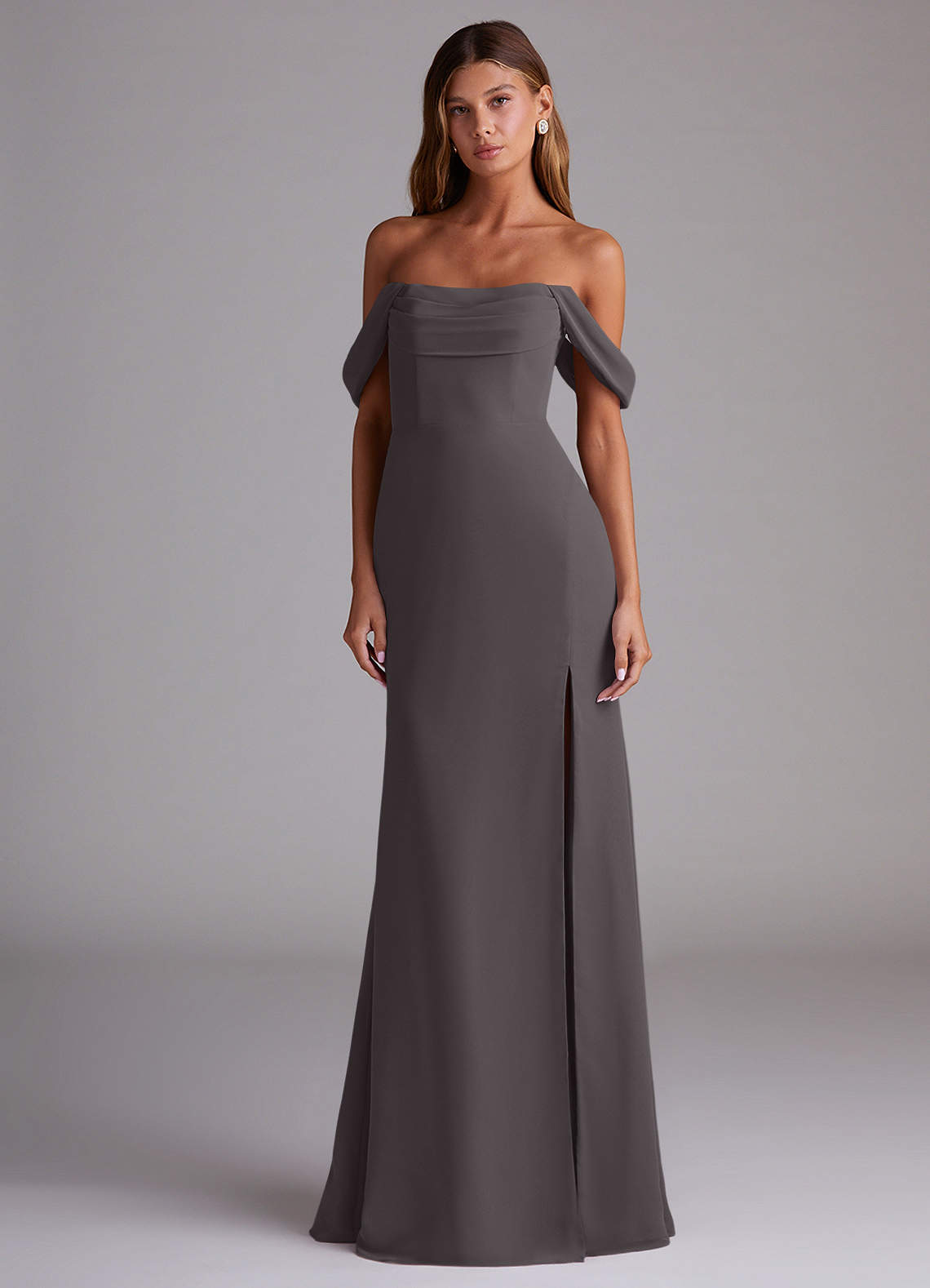 white christmas dresses Grey Chiffon Bridesmaid Dress – Off Shoulder Floor Length Gown Light Grey / Custom Order