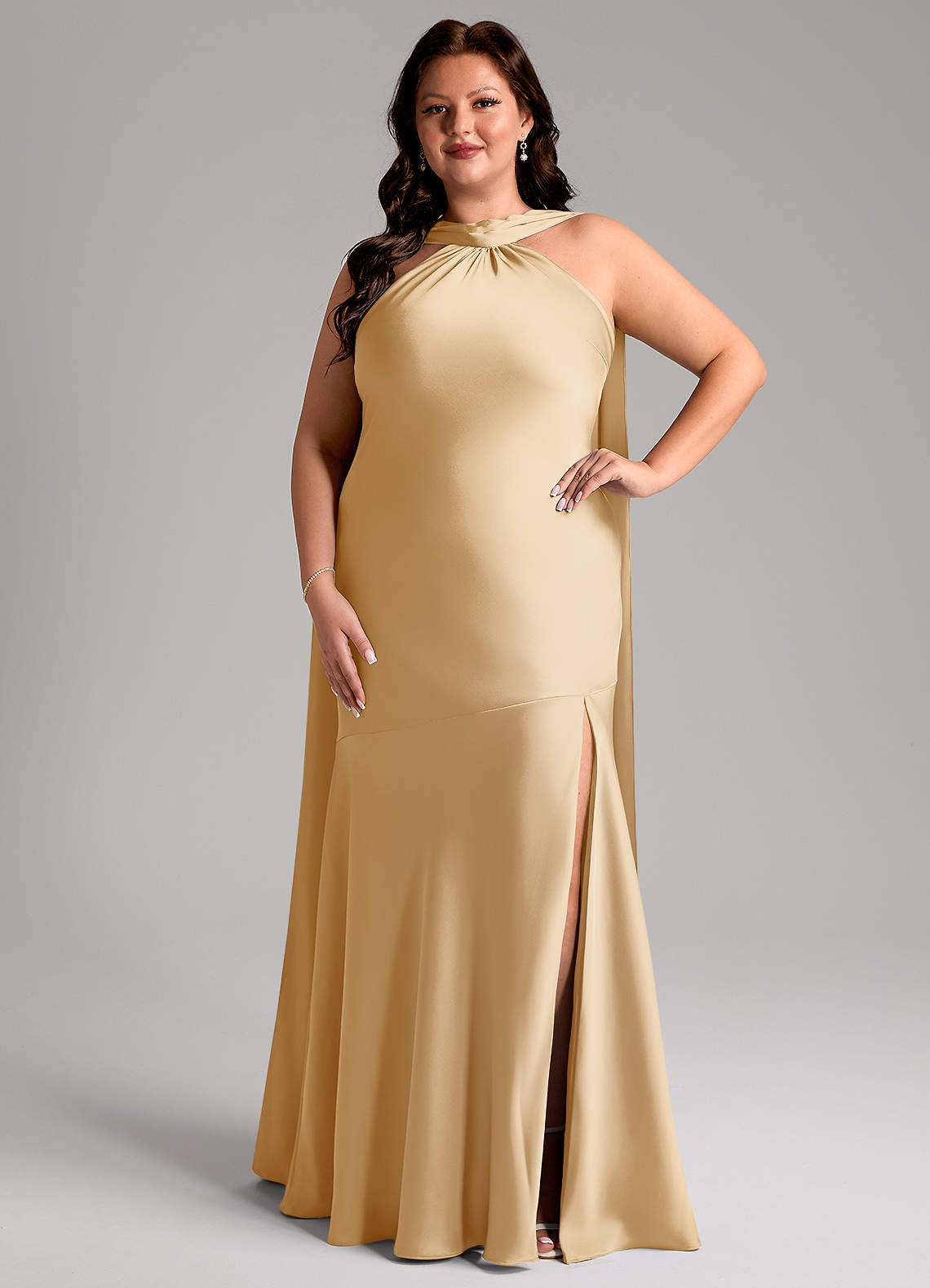 Azazie Kinsley Bridesmaid Dresses Gold Mermaid Side Slit Stretch Satin Dress image1