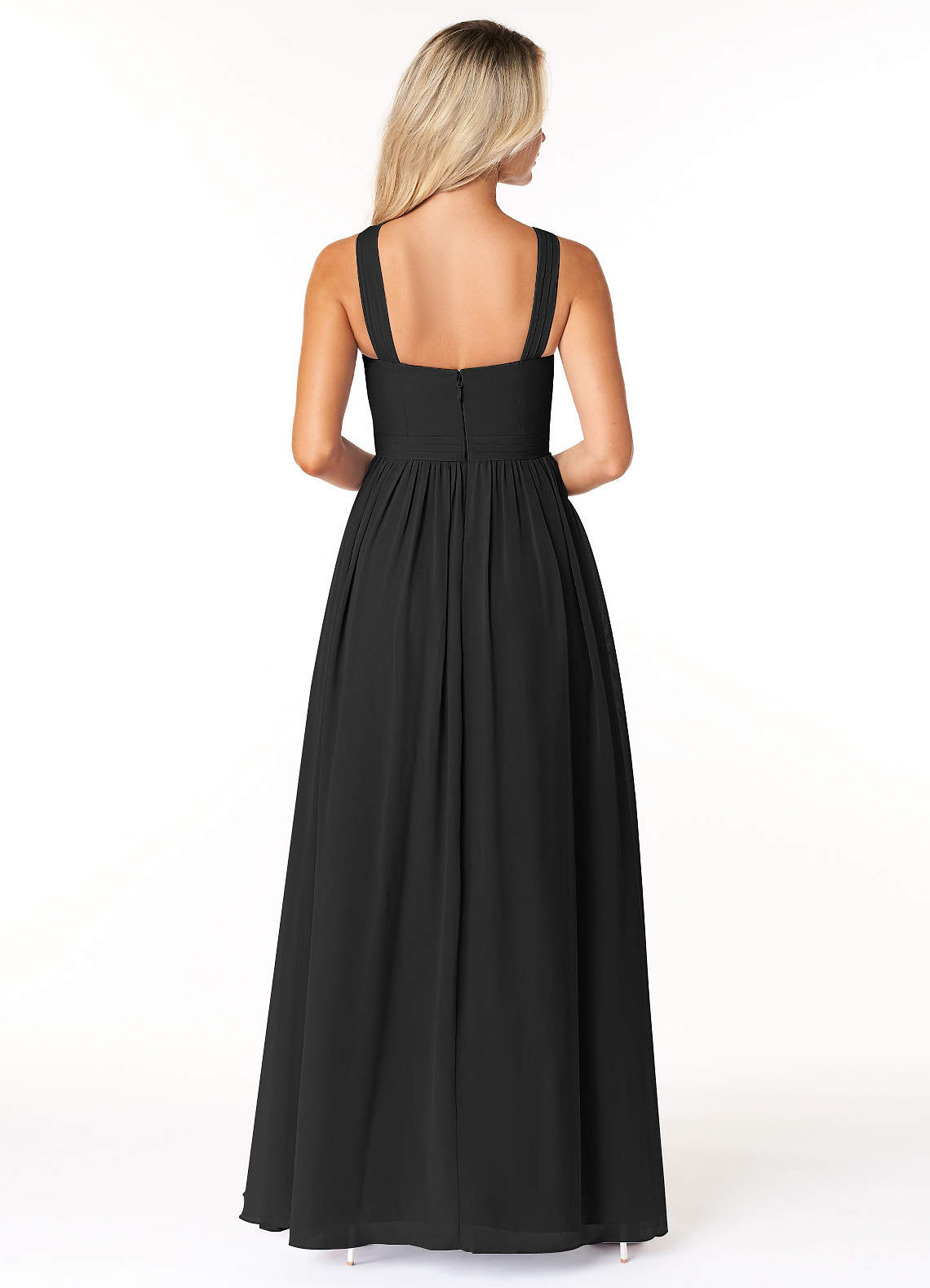azazie black chiffon bridesmaid dress Elvira Size:MEDIUM She features a straight look-celeste-maxi-dress-orchid-white Long Bell Sleeves Black