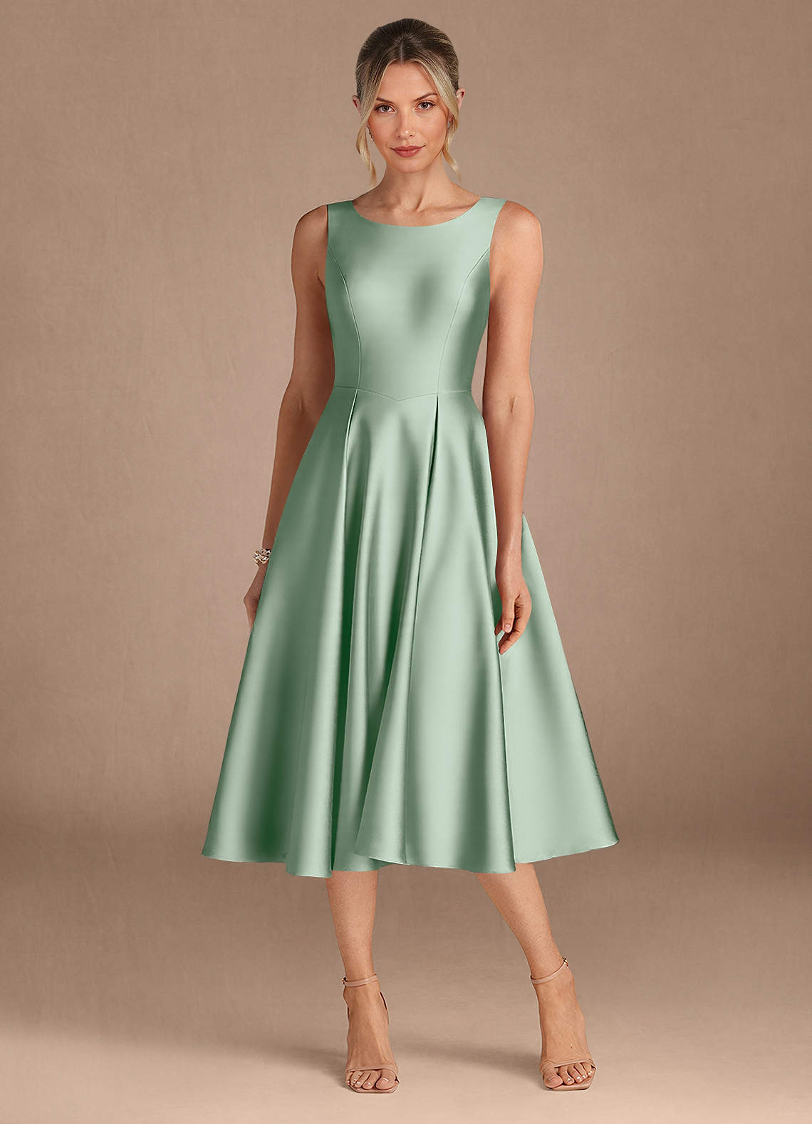 Azazie Fulton Mother of the Bride Dresses Agave A-Line Pleated Stretch Satin Dress image4
