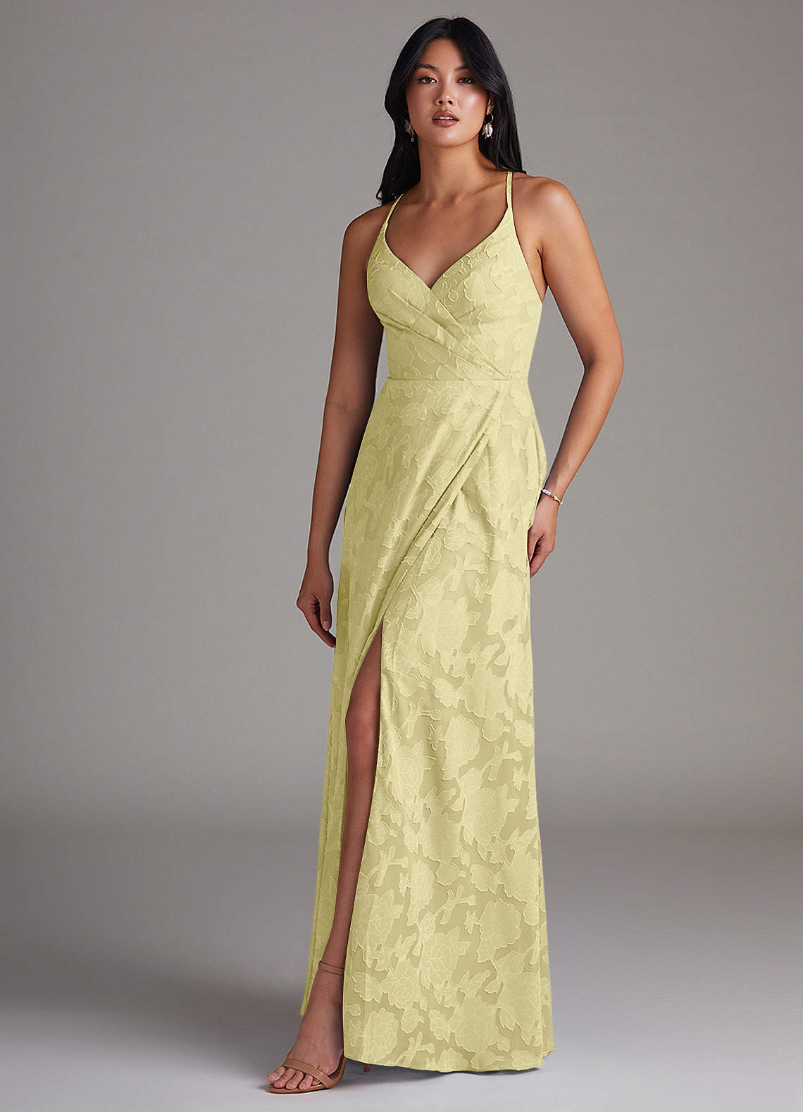 Azazie Davis Bridesmaid Dresses Lemon Sorbet A-Line Pleated Floral Burnout Dress image1