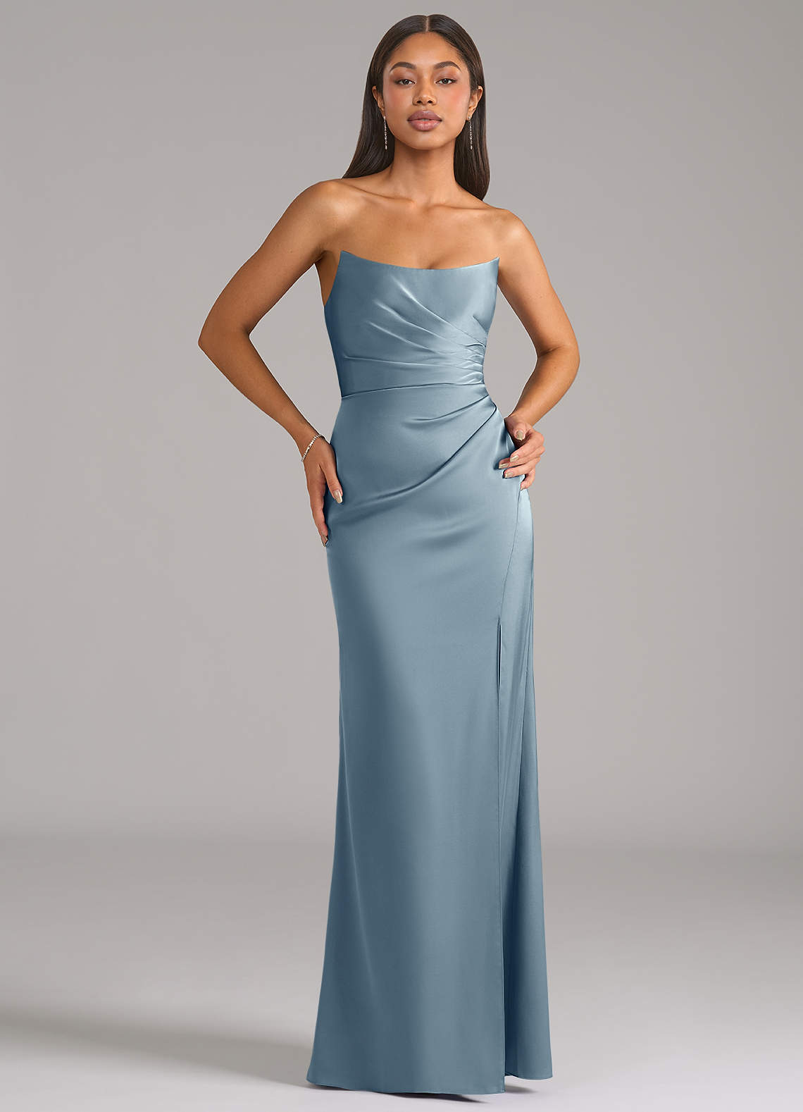 Azazie Marla Bridesmaid Dresses Dusty Blue Sheath Strapless Stretch Satin Convertible Dress image1