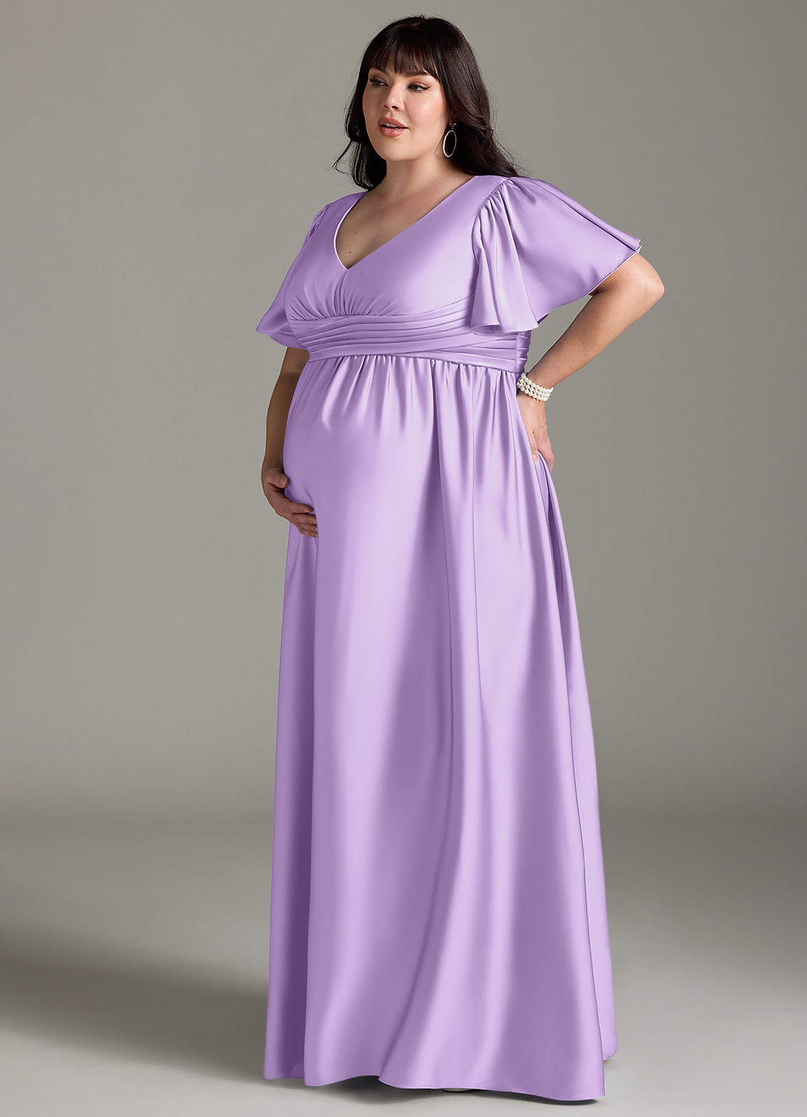 Azazie Verna vestidos de dama de honor de maternidad Vestido de Corte en A Volante Hasta el suelo Satén Elástico image13