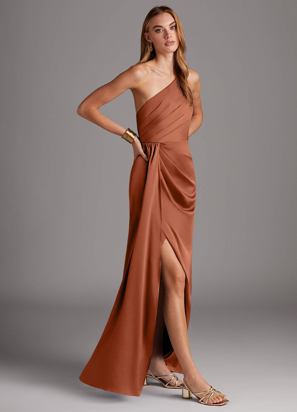 Azazie Mika Ready to Ship Cedar Rose Stretch Satin Bridesmaid