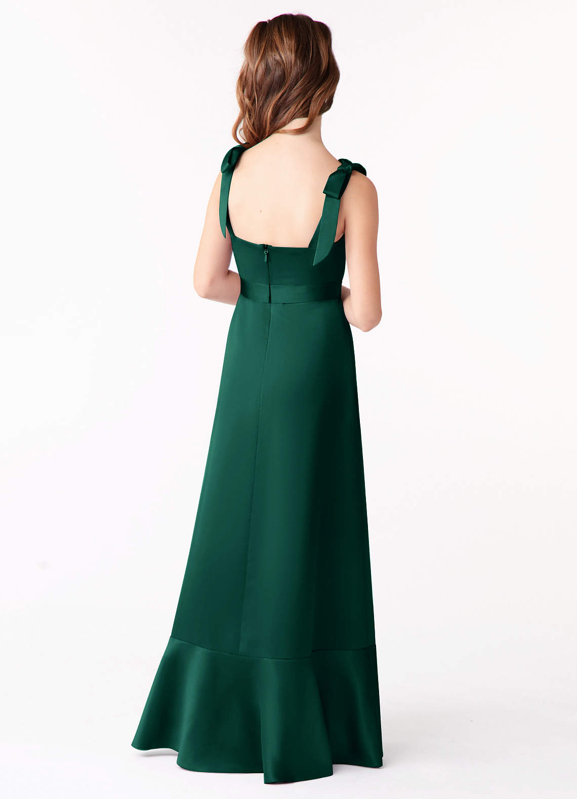 Azazie Barbara Junior Vestido Esmeralda de Cetim elástico de Linha A com Arco image2