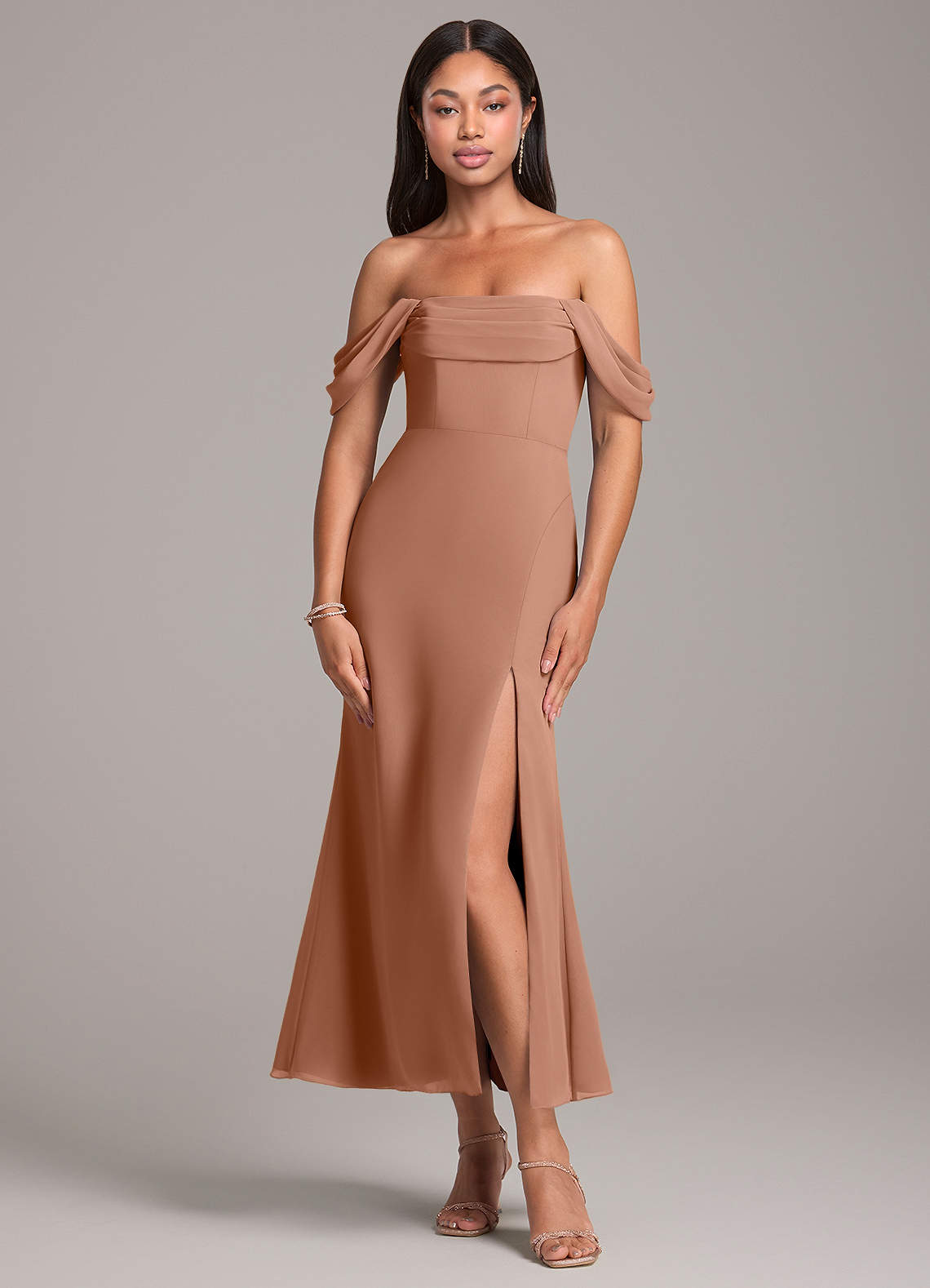 Azazie Saige Bridesmaid Dresses Bronzer Sheath Off the Shoulder Chiffon Convertible Dress image1