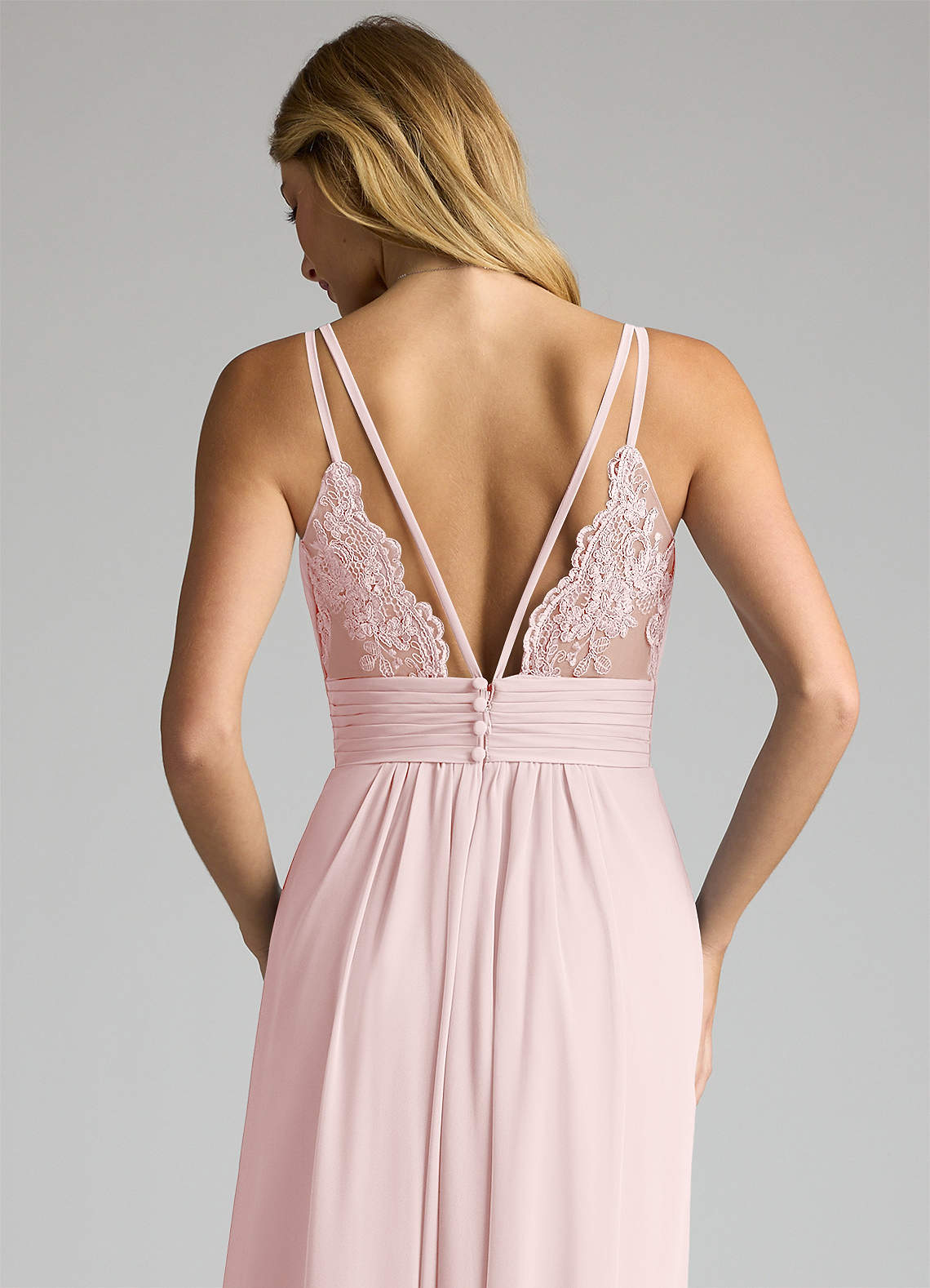 Azazie Maren Allure Vestidos de damas de honor Vestido de Rosa Rubor de Gasa de Corte en A con Cuello en V Encaje image1