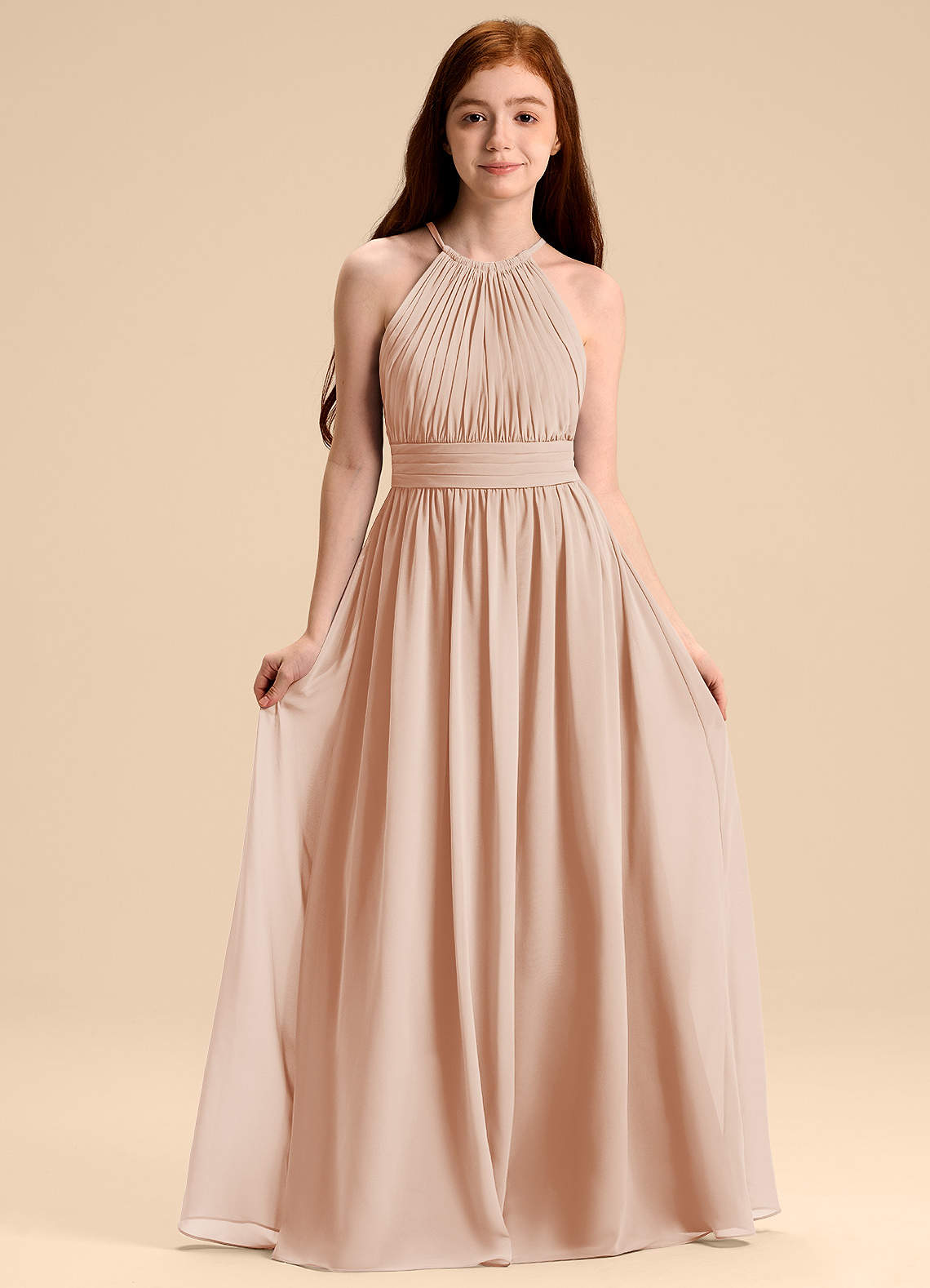 Azazie Malone Junior Abito A-Line in Chiffon Plissettato Rosa Inglese image1