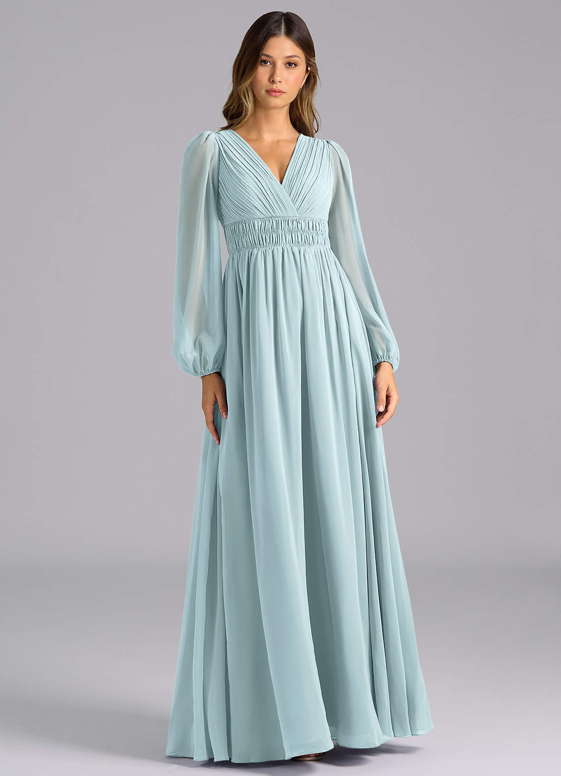 Azazie Palerma Bridesmaid Dresses Mist A-Line Long Sleeve Chiffon Dress image1