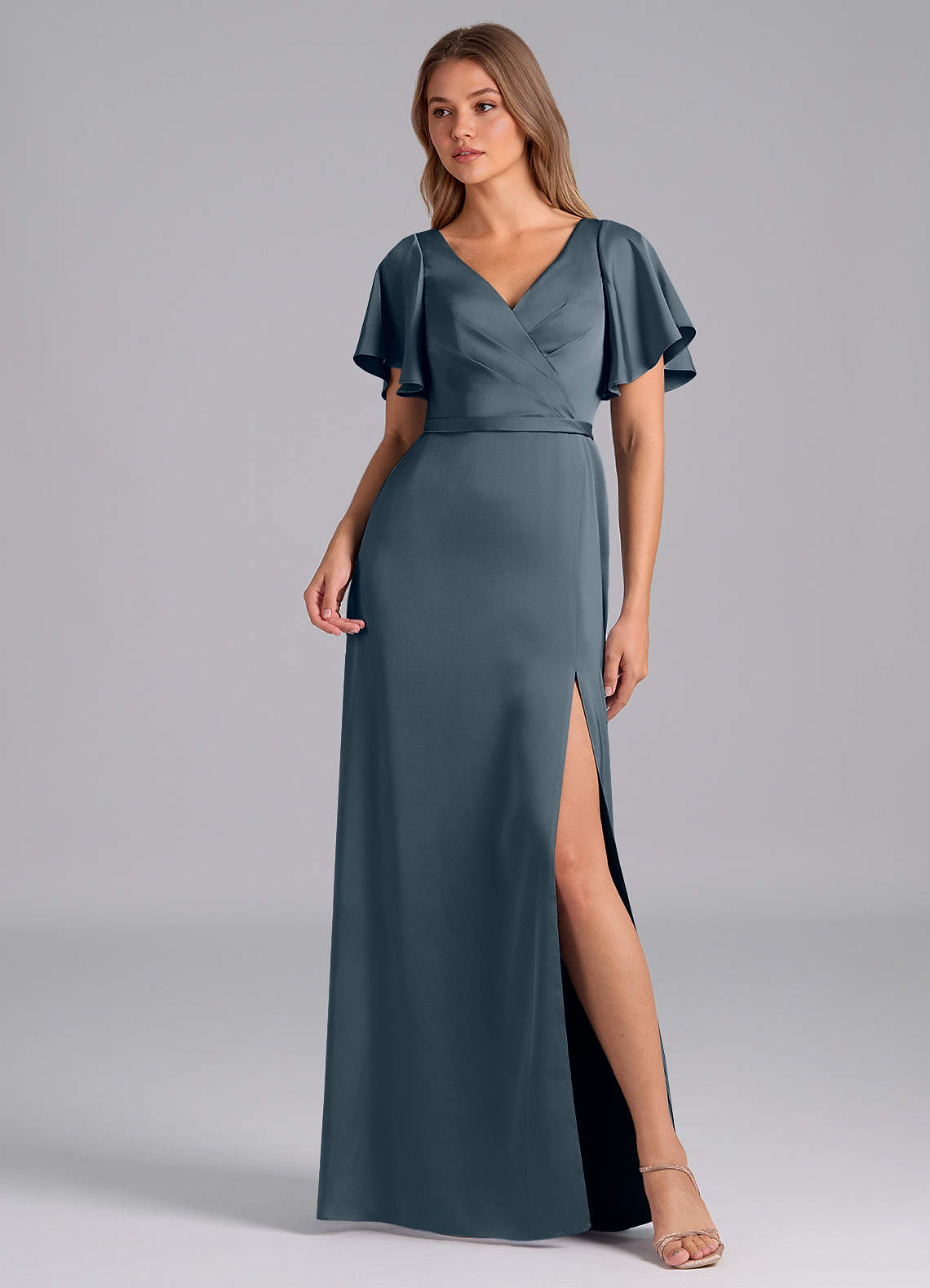 Azazie Ambrosia Robes de demoiselle d'honneur Robe Trapèze en Satin extensible Plissée Violet Crépusculaire image1