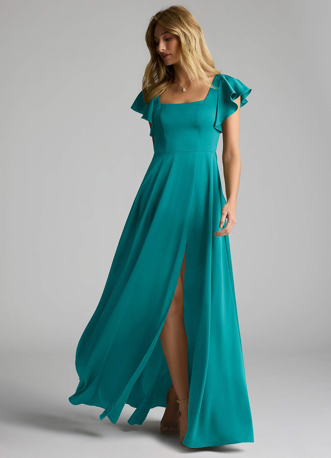 Azazie Bondi Bridesmaid Dresses Teal A-Line Bow Stretch Satin Dress image5