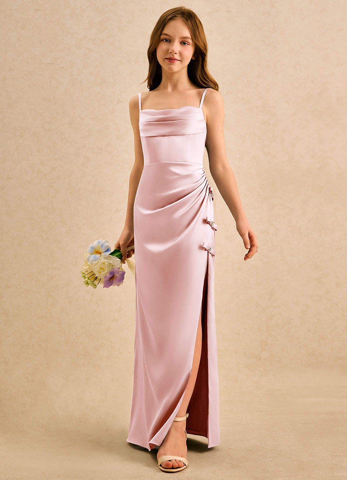 Azazie Bundt Girls Formal Final Sale Blushing Pink A-Line Pleated Stretch Satin Dress image4