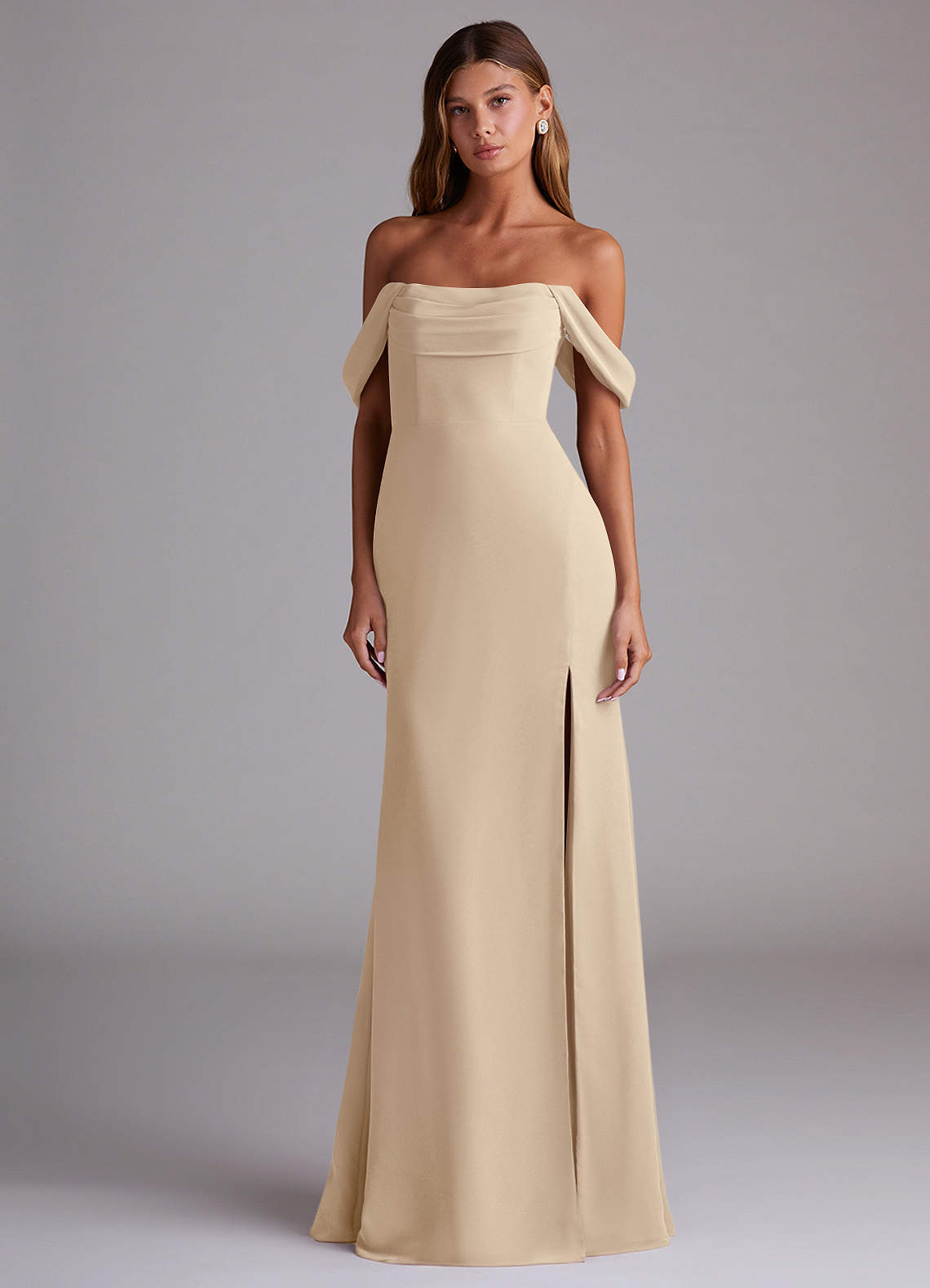 Azazie Saige Bridesmaid Dresses Champagne A-Line Off the Shoulder Chiffon Convertible Dress image2