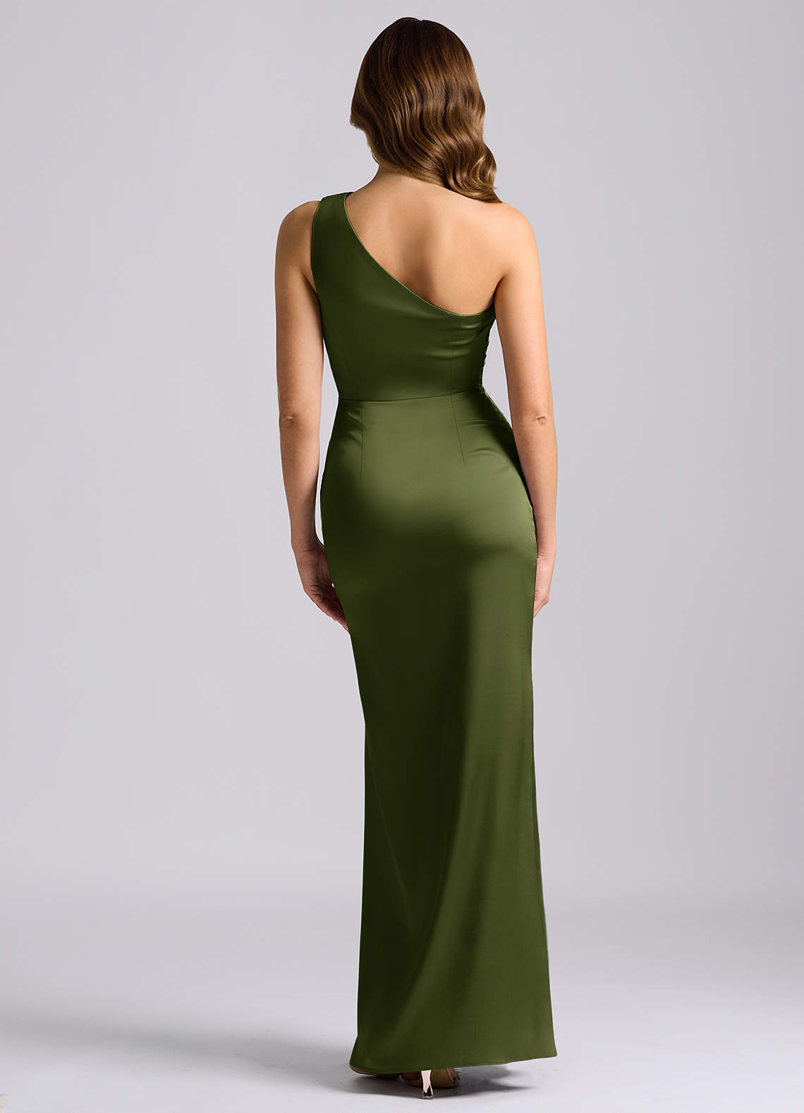 Azazie Akilah Bridesmaid Dresses Olive Mermaid One Shoulder Stretch Satin Dress image1