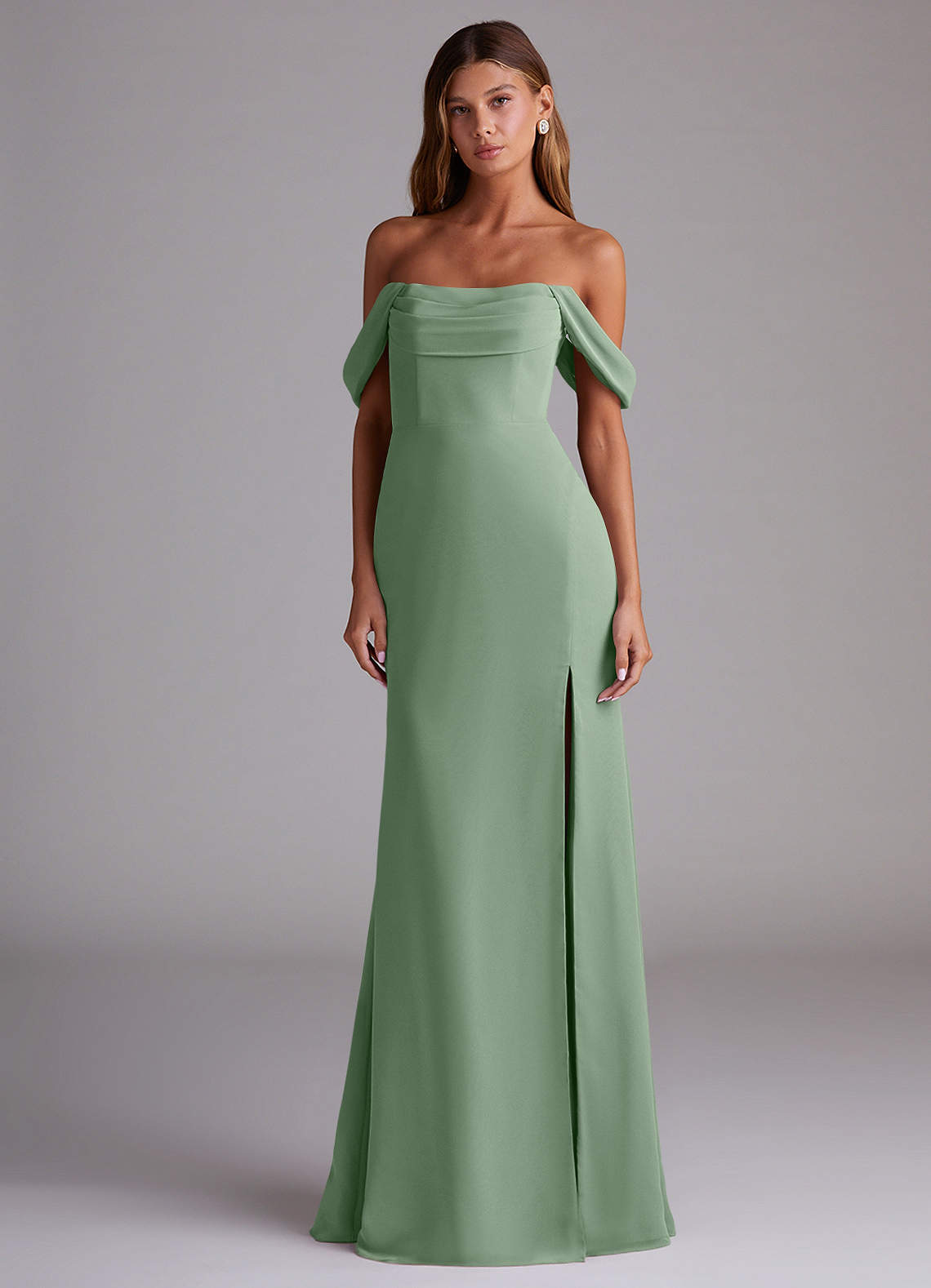 Azazie Saige Bridesmaid Dresses Matcha A-Line Off the Shoulder Chiffon Convertible Dress image2