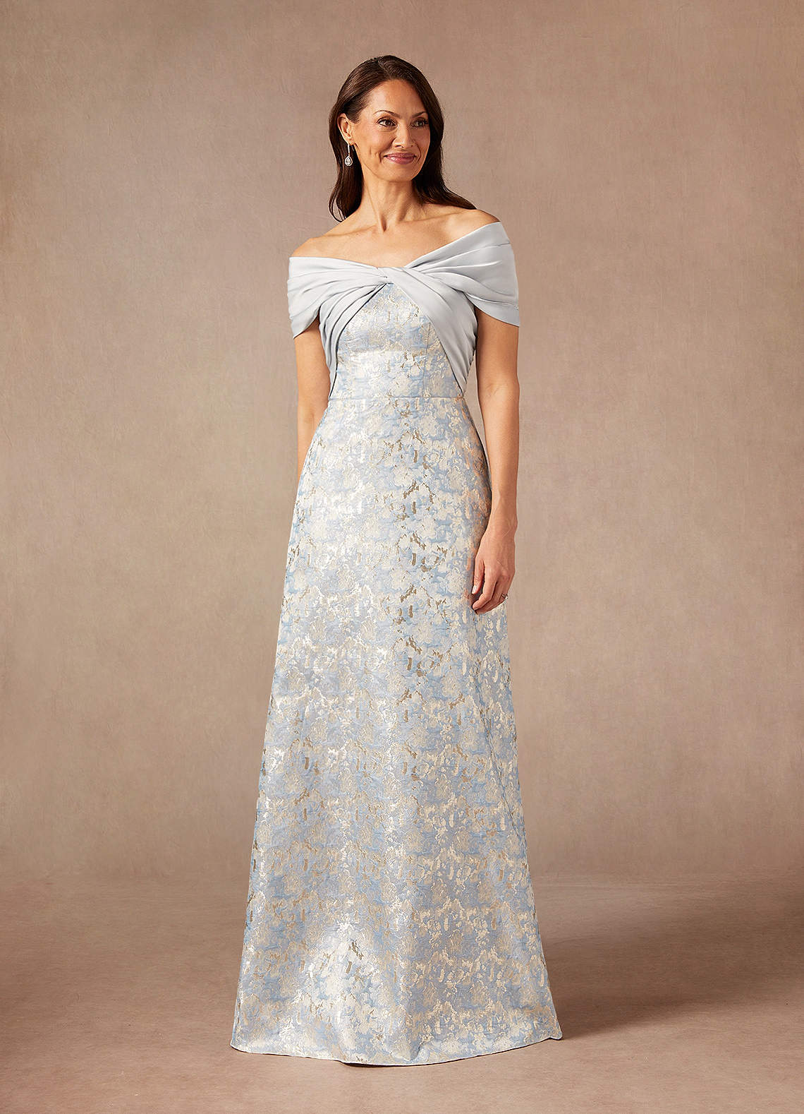 Azazie Amelia Mother of the Bride Dresses Dusty Blue A-Line Off the Shoulder Jacquard Dress image1