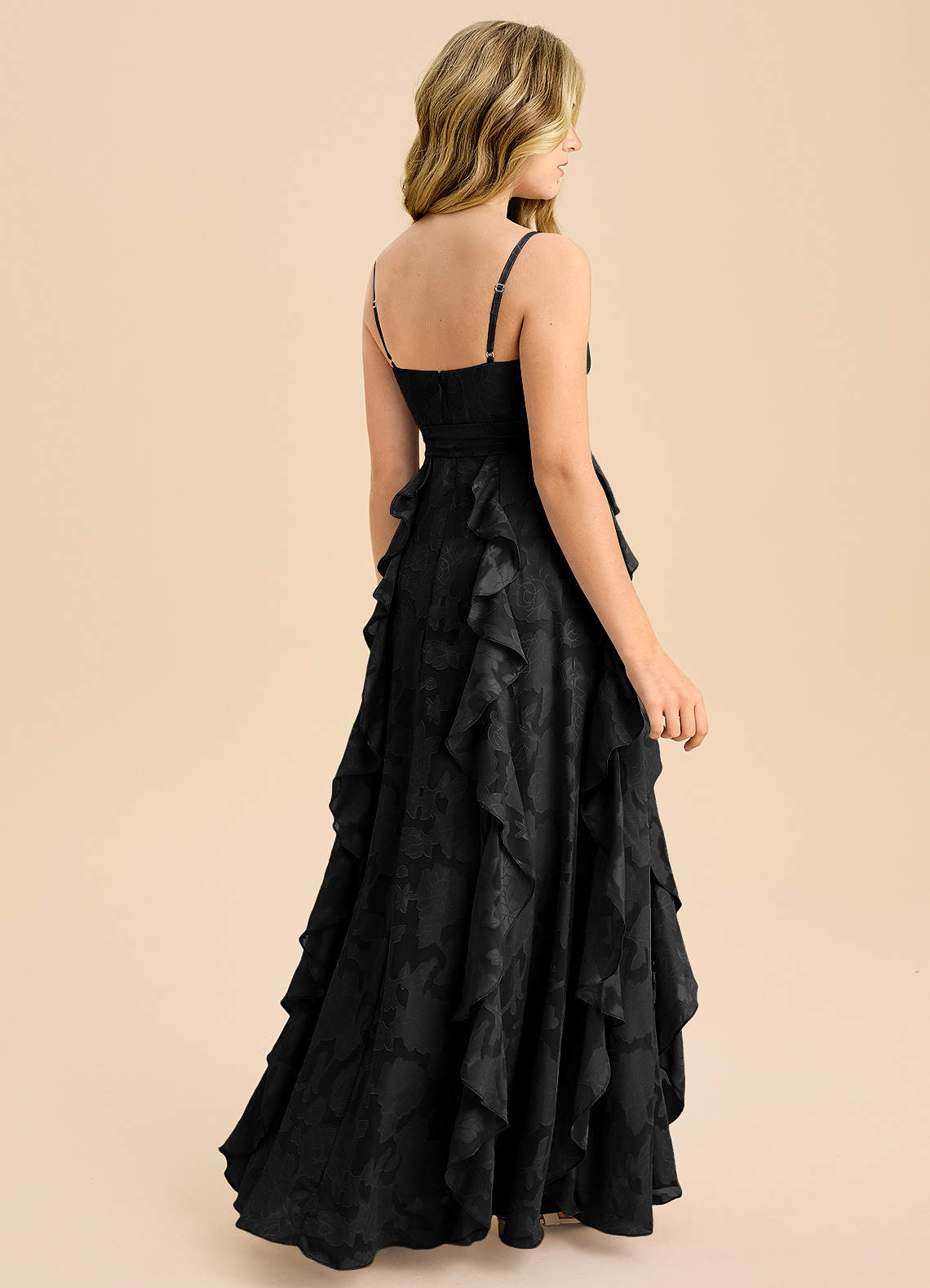Azazie Peyton Junior Black A-Line Pleated Floral Burnout Dress image1