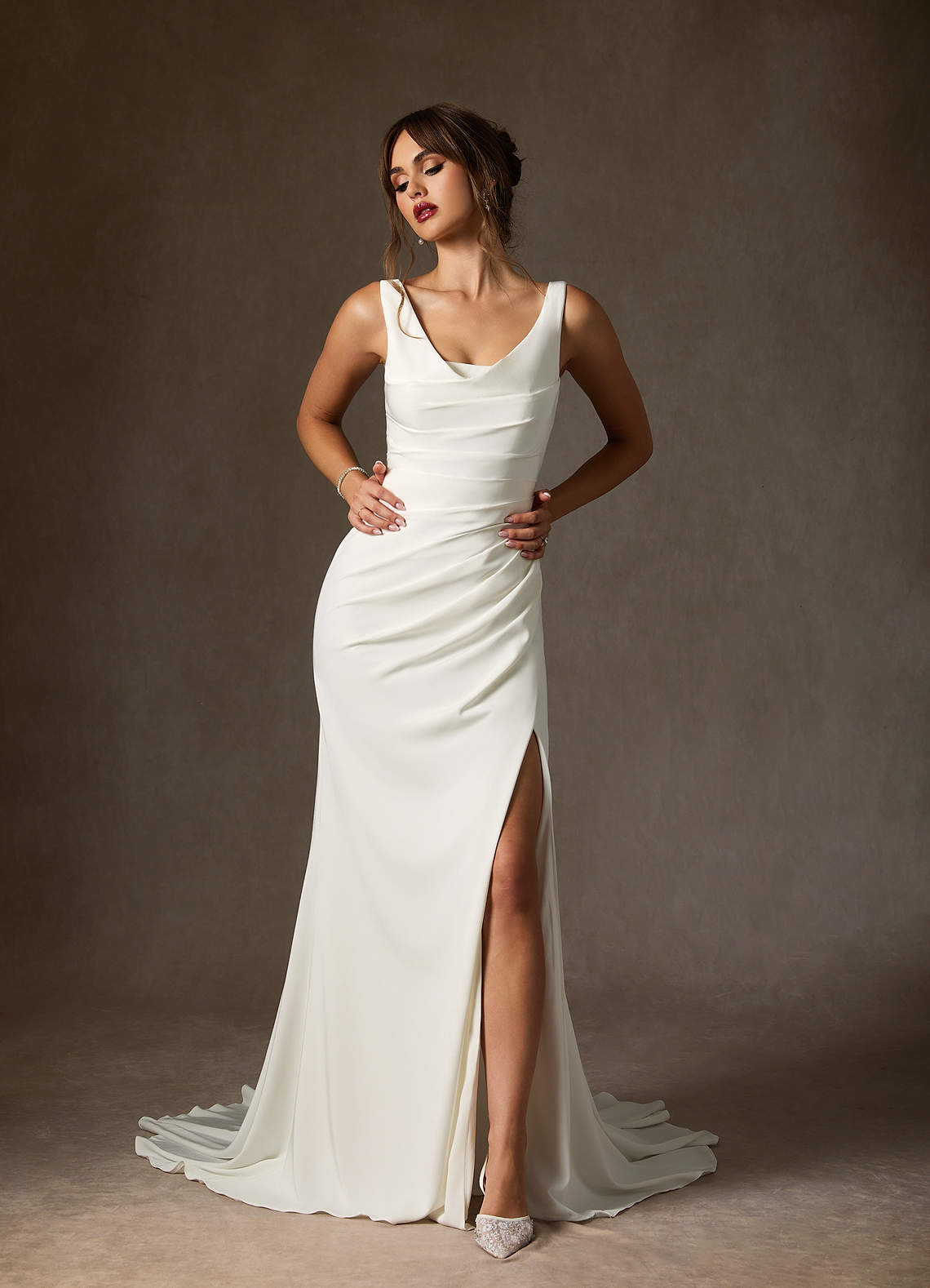 Azazie Daira Wedding Dresses Diamond White Mermaid Scoop Pleated Crepe Back Satin Dress image2