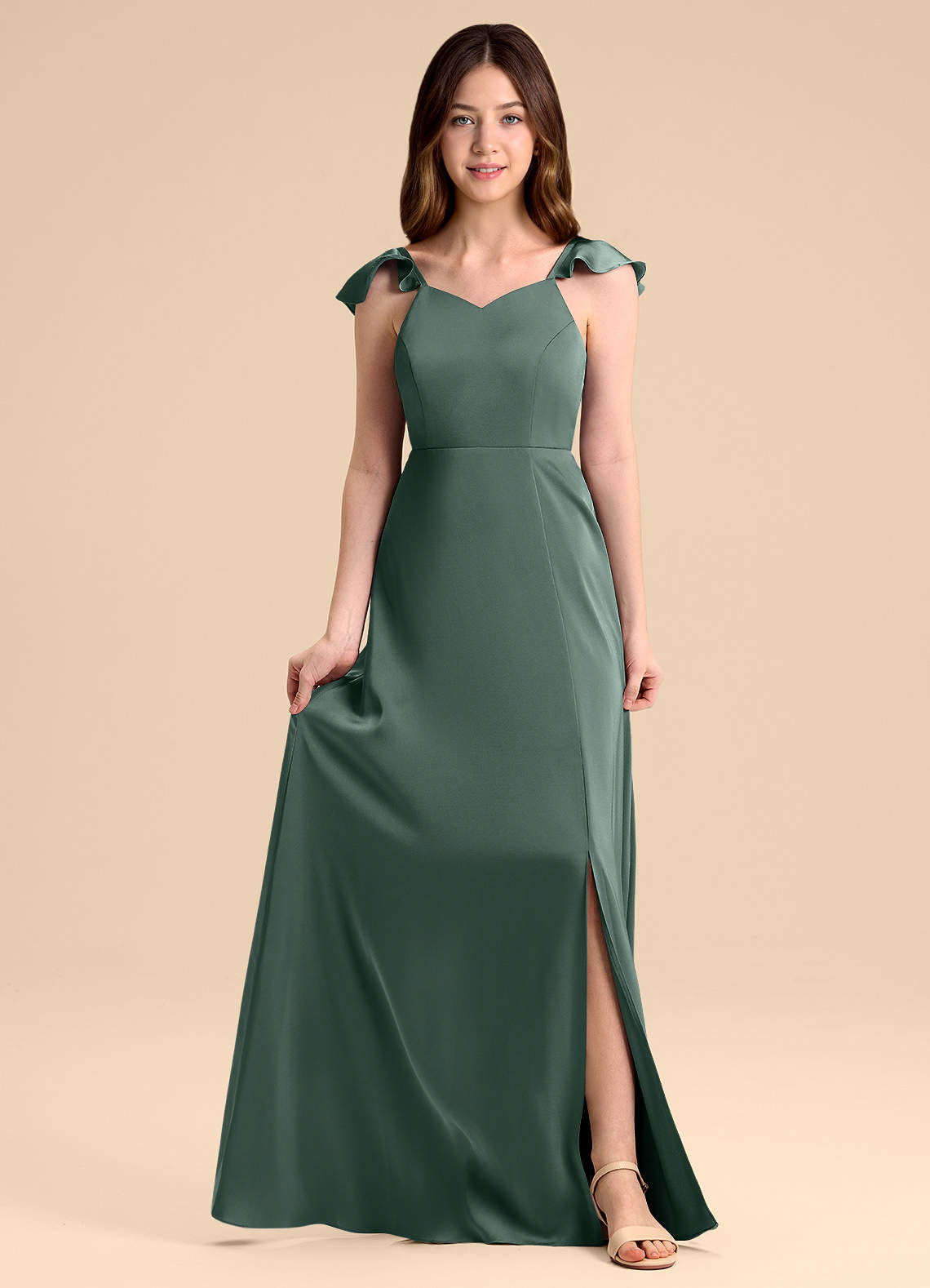Azazie Everett Junior Sea Moss A-Line Bow Stretch Satin Dress image1