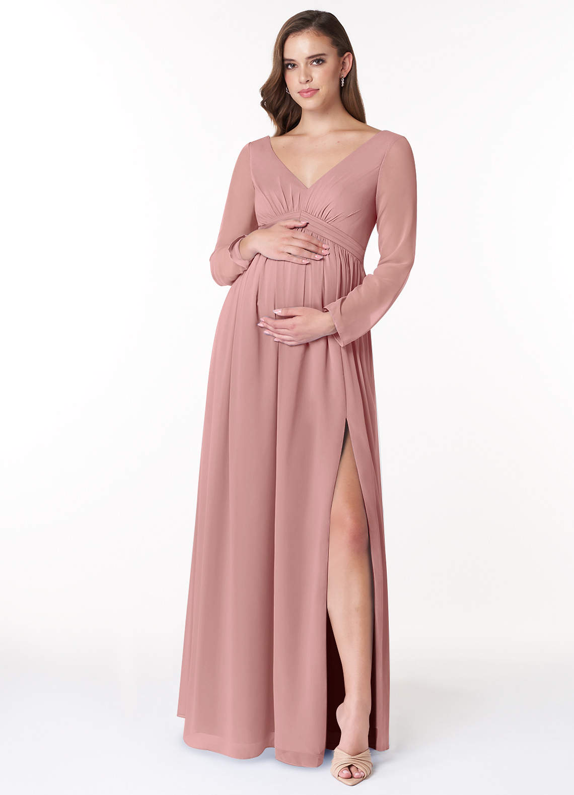 Azazie Teton Maternity Bridesmaid Dresses A-Line Long Sleeve Chiffon Floor-Length Dress image1