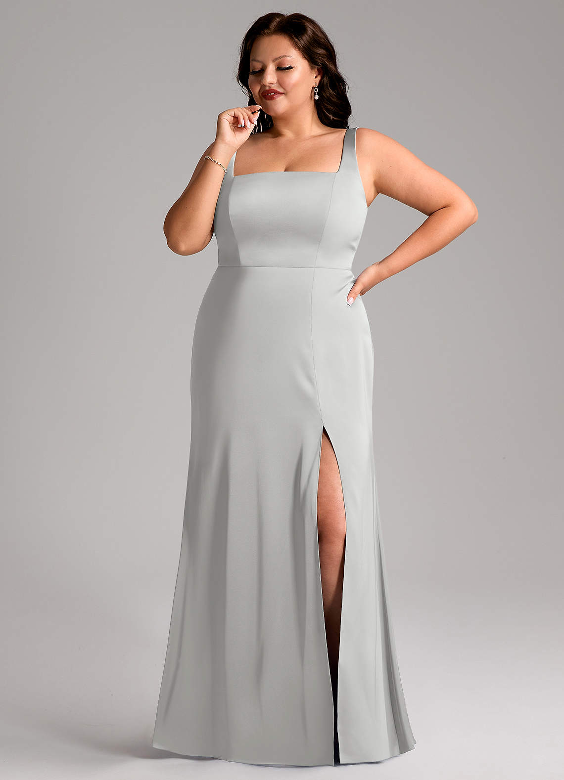 Azazie Frostine Bridesmaid Dresses Silver A-Line Bow Stretch Satin Dress image9