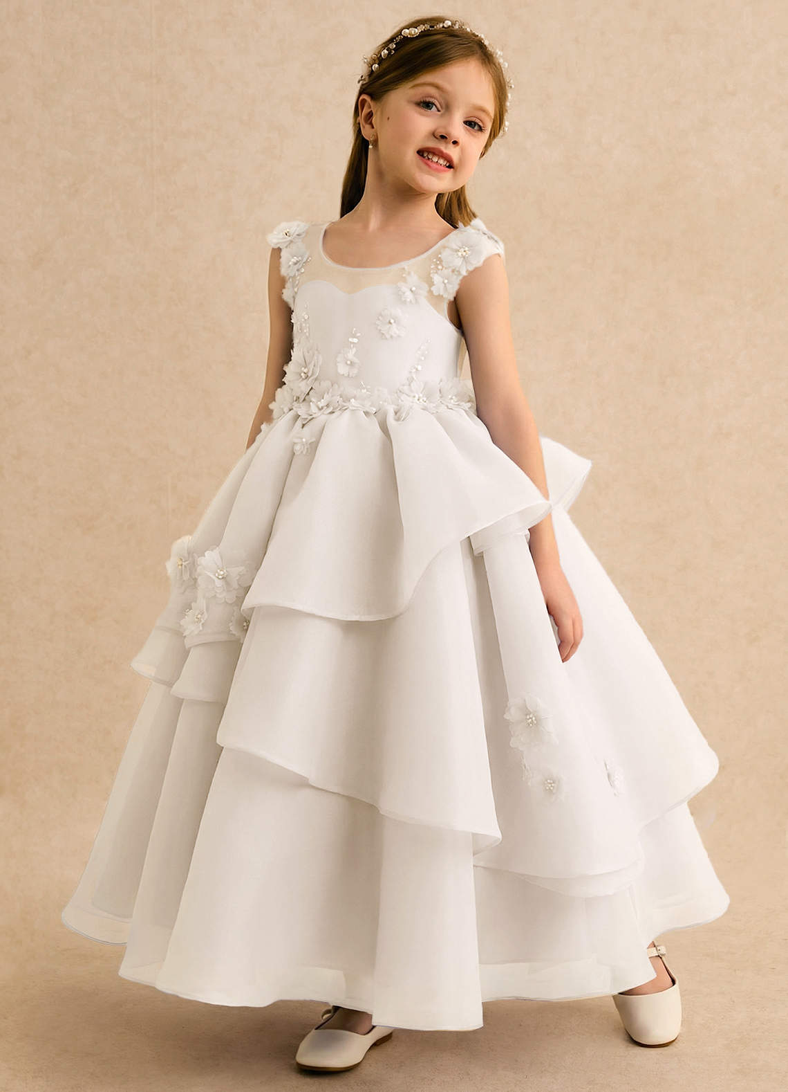 open lace back dress Elegant Girls' Satin First Communion Dress w/ Crystal Organza Skirt –  Malcolm Royce main image 1