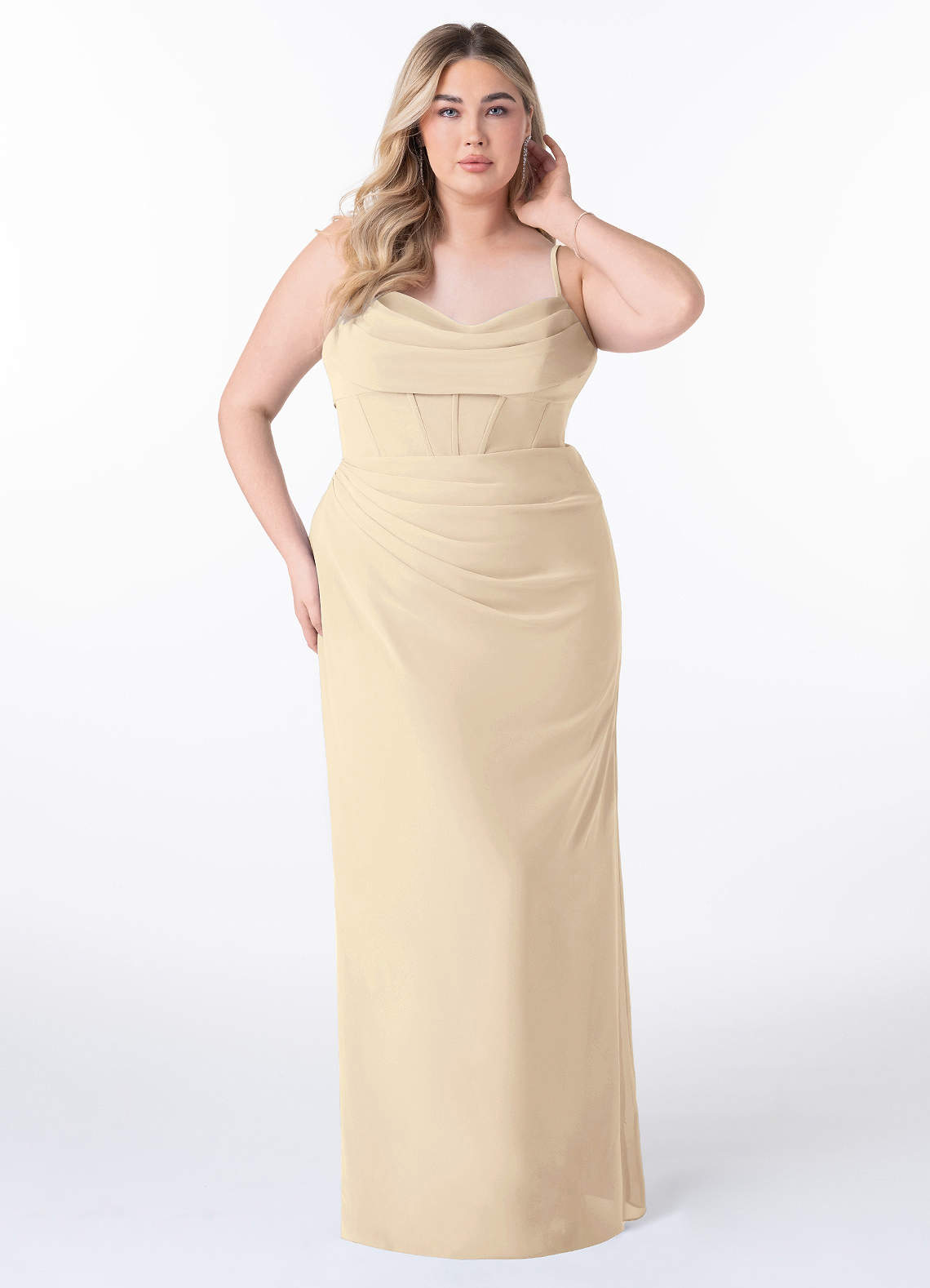 Azazie Mai Bridesmaid Dresses Champagne Sheath Pleated Chiffon Dress image1