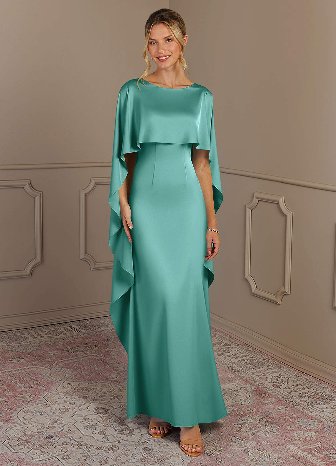 Azazie Eli vestidos de madre de la novia Vestido de Aqua de Satén Elástico de Recto con Cuello de barco image1