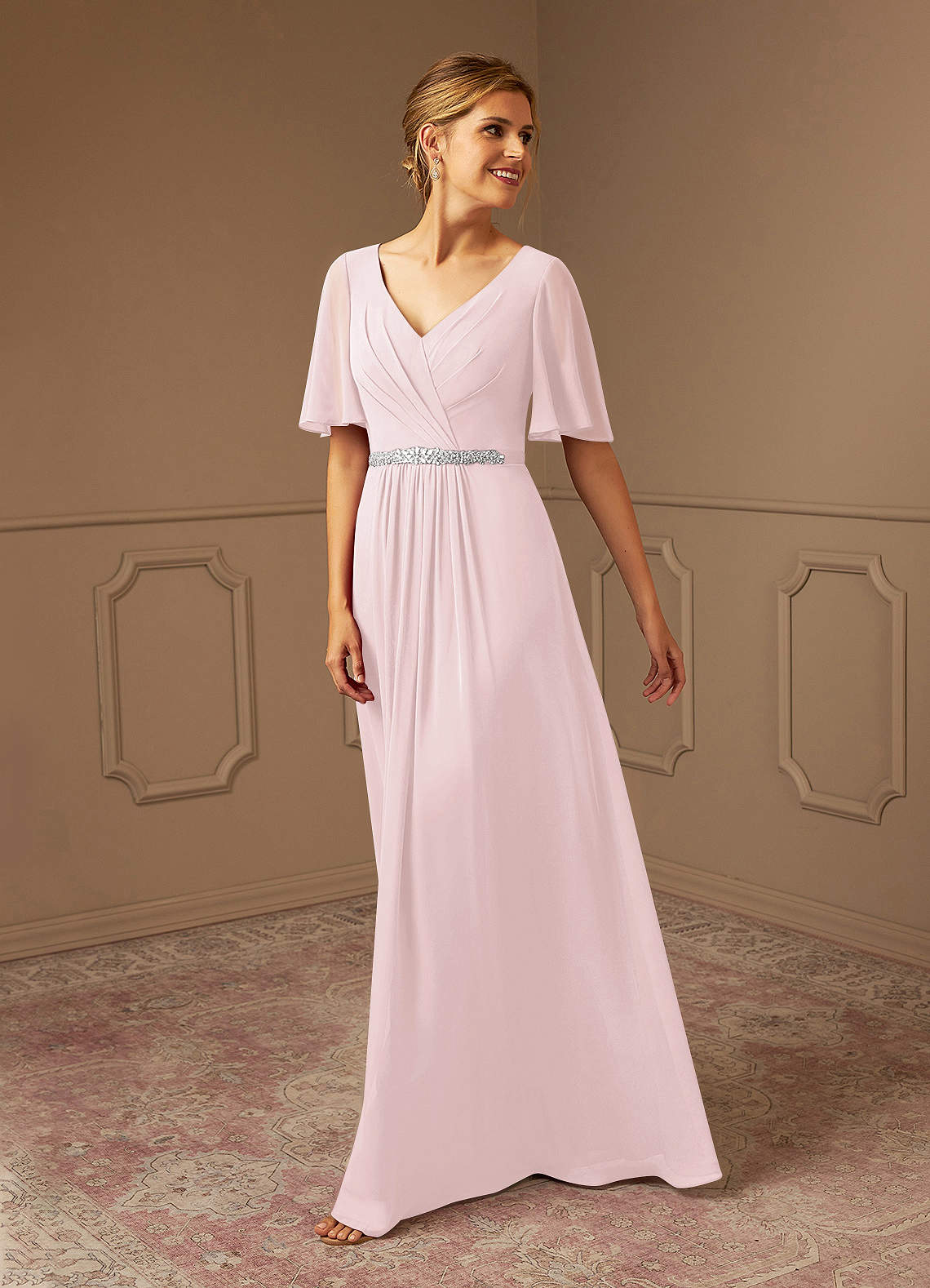 pink v neck bridesmaid dress Pearl Pink Cowl Back Sleeveless Chiffon A-line Bridesmaid Dress main image 0