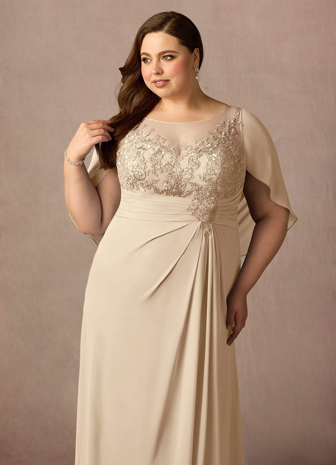 Azazie Hera Mother of the Bride Dresses Champagne A-Line Lace Capelet Chiffon Dress image10