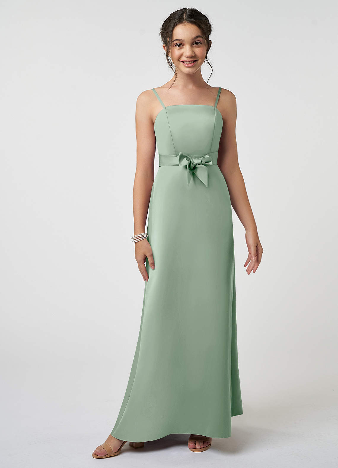 Azazie Anina Junior Agave A-Line Bow Stretch Satin Dress image1