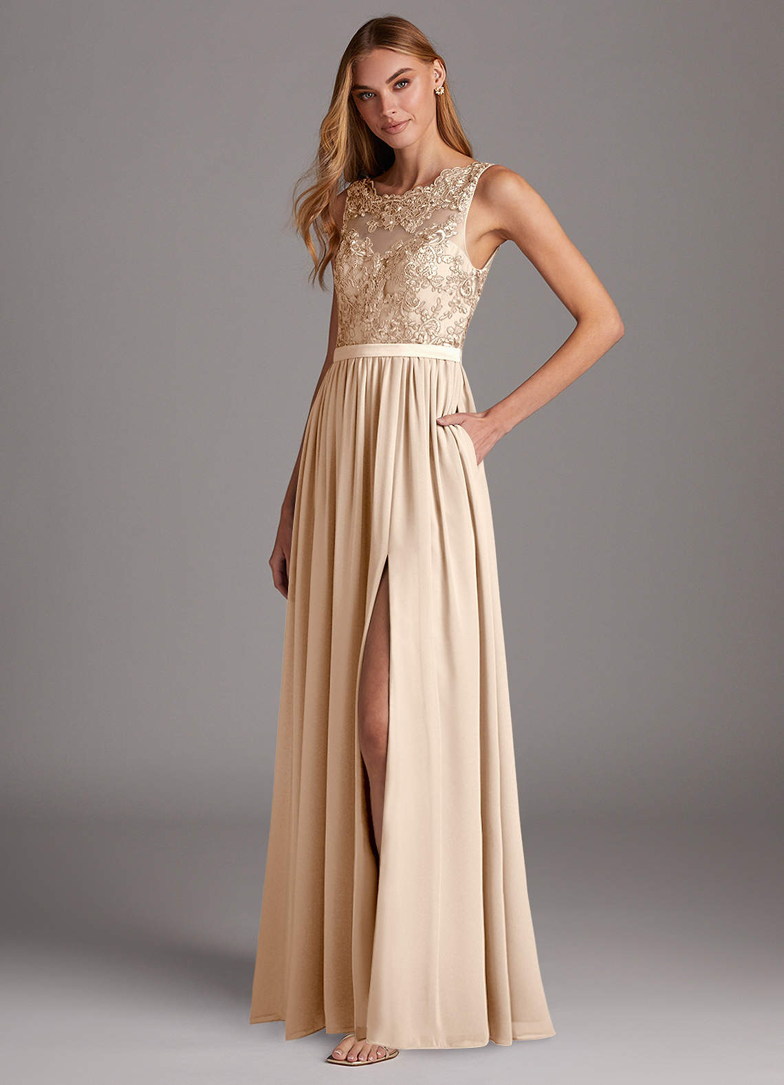 chinese dress ladies A-line Scoop Ankle-length Chiffon Long Bridesmaid Dresses with Short S –  Angrila main image 0