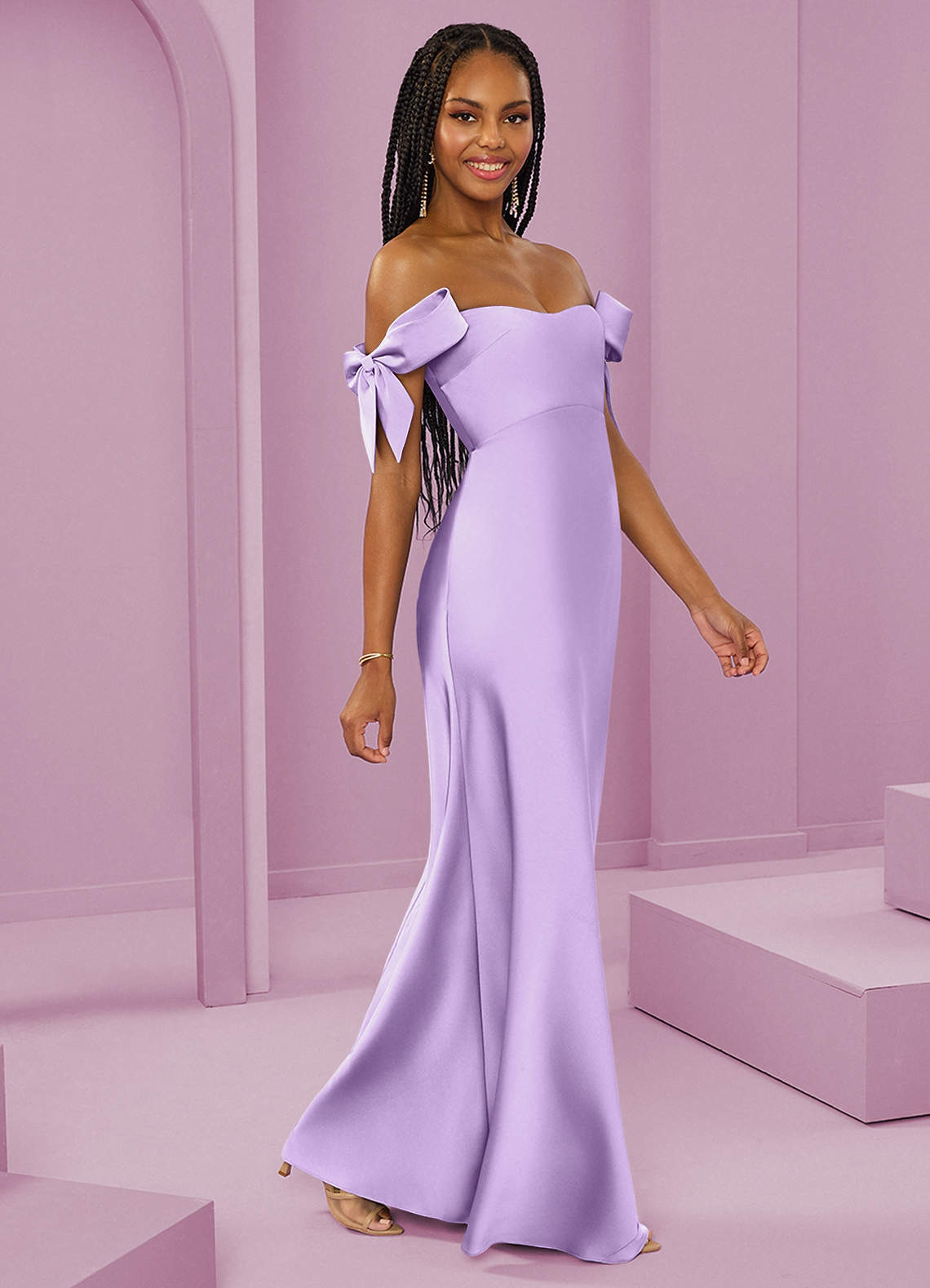 Barbie ♥ Azazie Bridesmaid Dresses Lilac Sheath Off the Shoulder Stretch Satin Convertible Dress image1