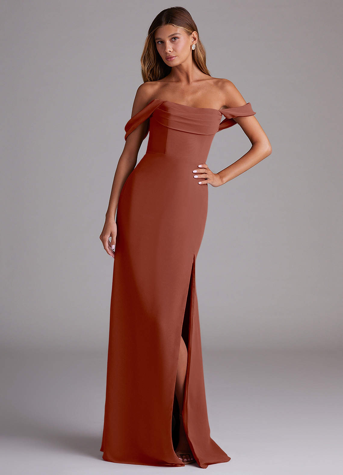 Azazie Saige Bridesmaid Dresses Auburn A-Line Off the Shoulder Chiffon Convertible Dress image3