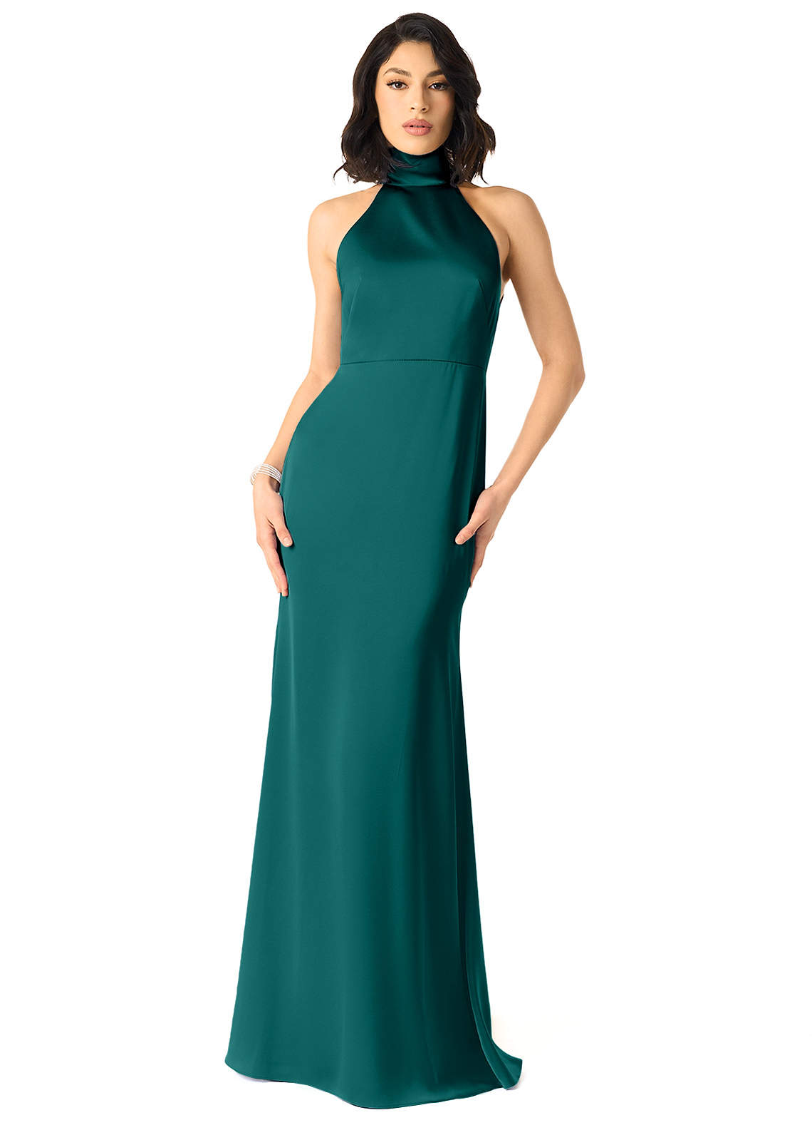 Azazie x Delaney Bridesmaid Dresses Peacock Sheath High Neck Stretch Satin Dress image1