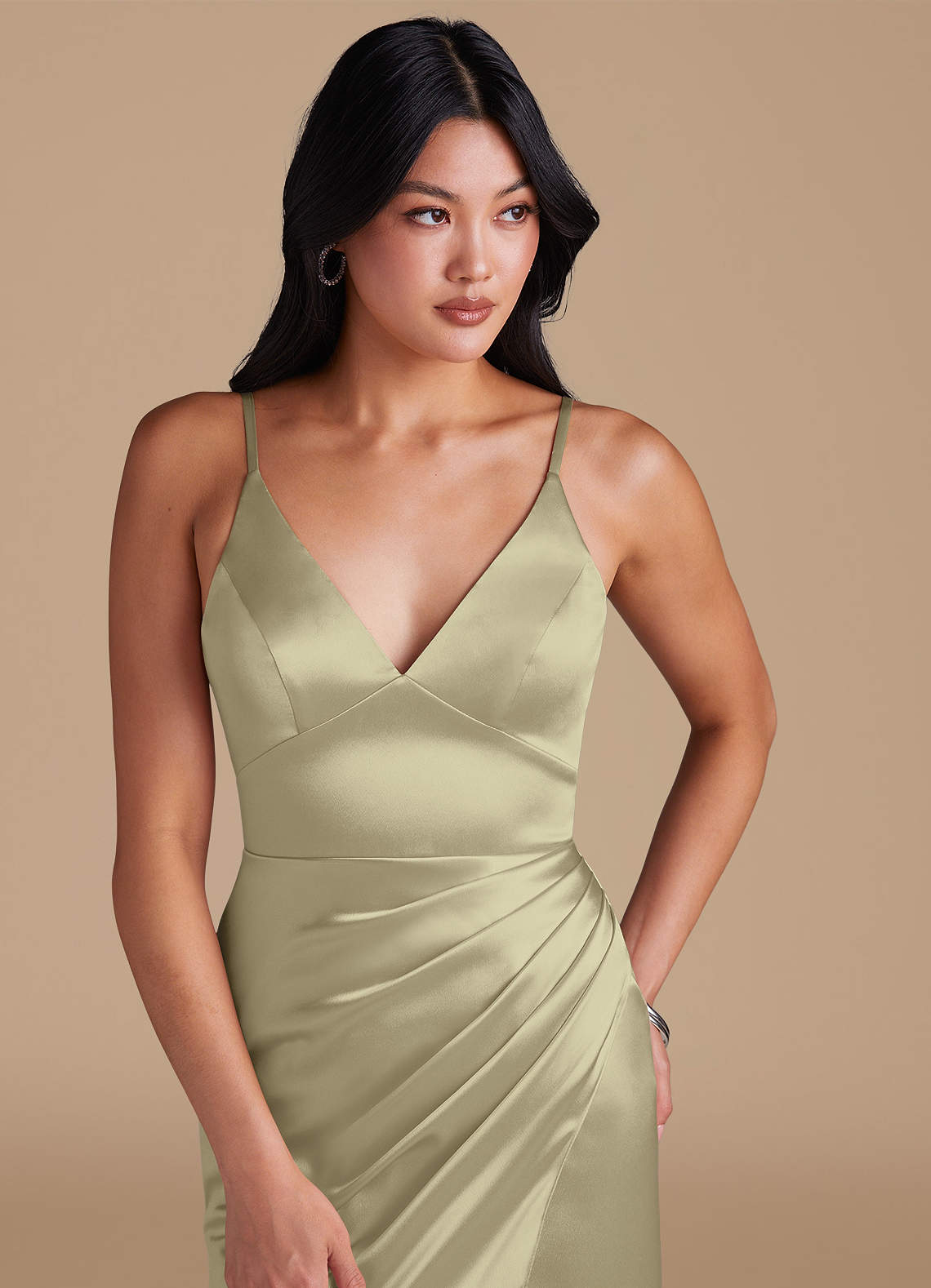 shiny satin moss green bridesmaid dresses Azazie Maci
