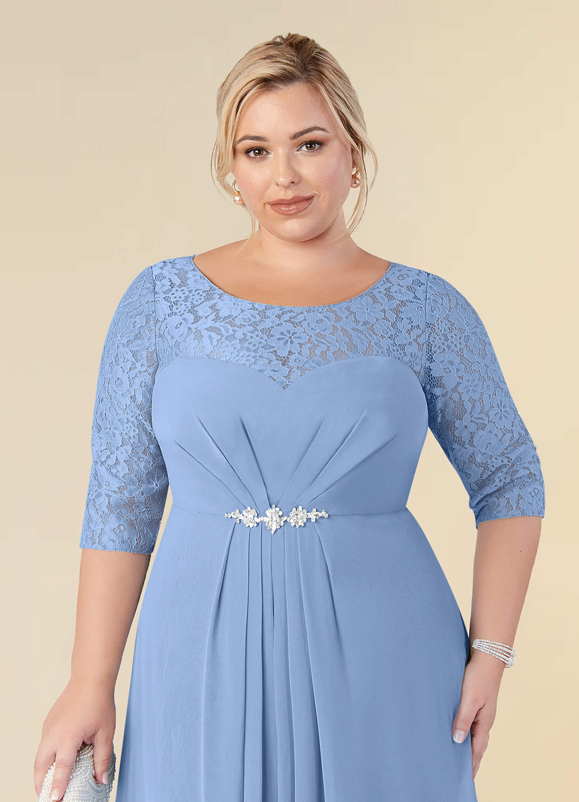 Azazie Leonine Steel Blue A-Line Scoop lace Chiffon Dress | Azazie