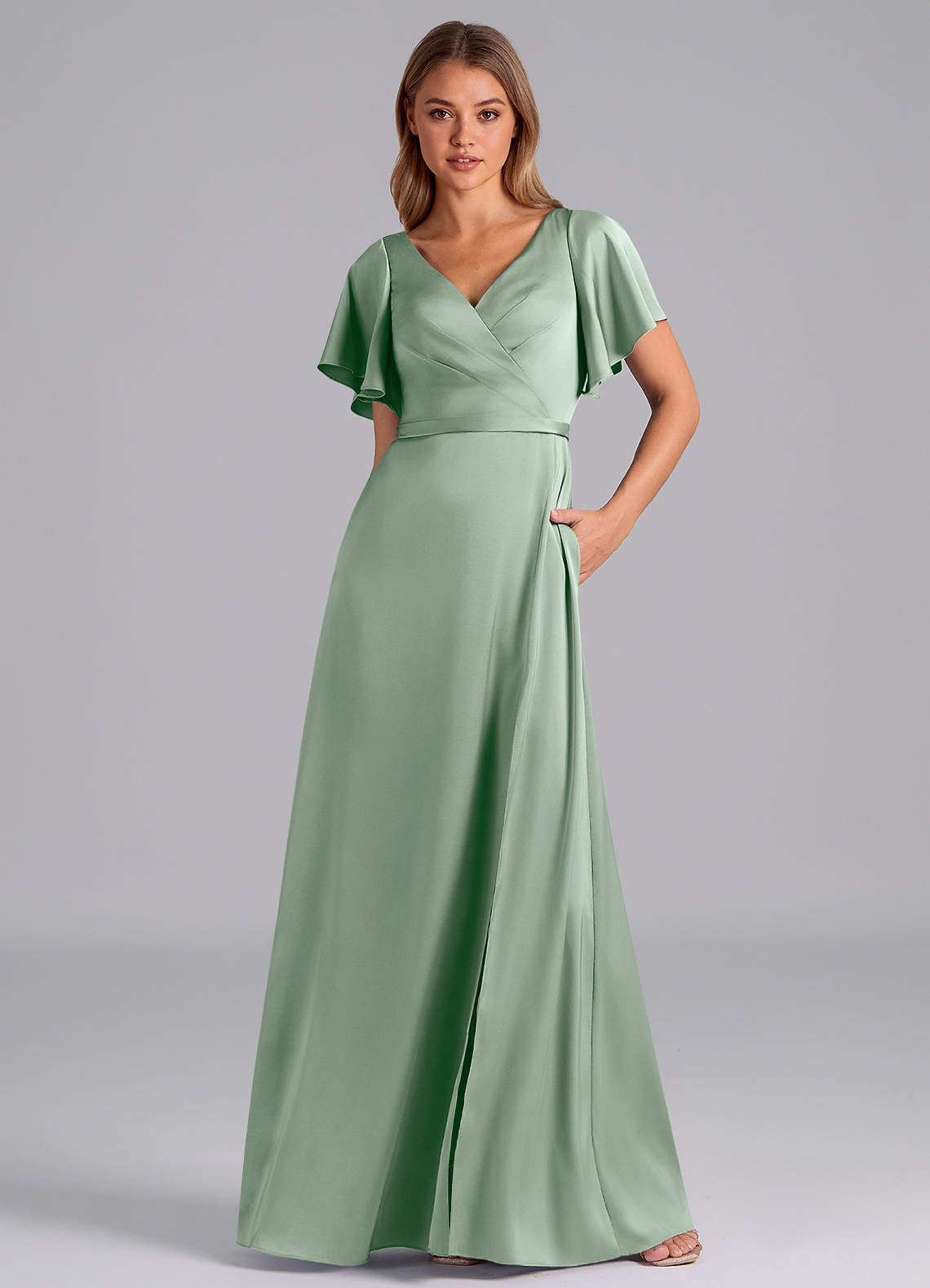 Azazie Ambrosia Vestidos de madrinha de casamento Vestido Agave de Cetim elástico de Linha A com Plissado image4