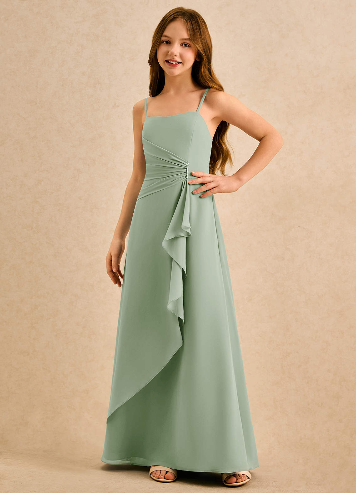 Azazie lolly Girls Formal Robe Demoiselle D'honneur Fillette Robe Trapèze en Mousseline de soie Plissée Vert Sauge image4