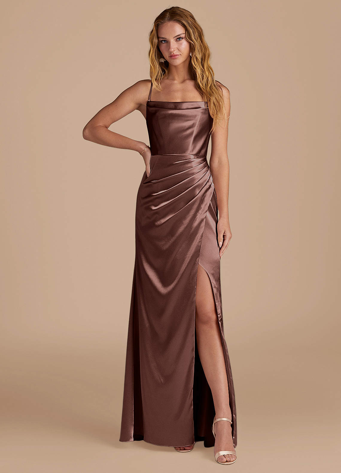 Azazie Marzia Bridesmaid Dresses Espresso Mermaid Pleated Metallic Satin Dress image1