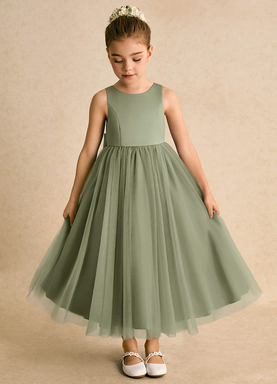 Azazie Solia Robe Demoiselle D'honneur Fillette Robe Princesse en Tulle Arc Pistache image5