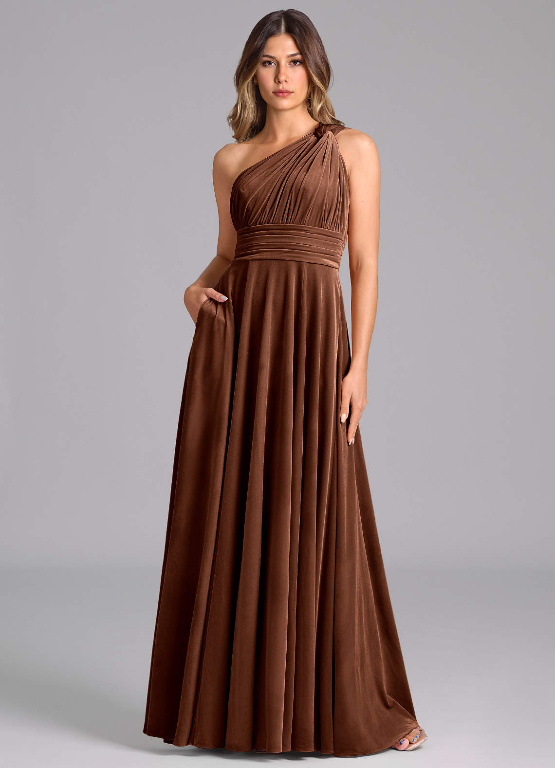 Azazie Charlize Bridesmaid Dresses Umber A-Line One Shoulder Velvet Dress image1