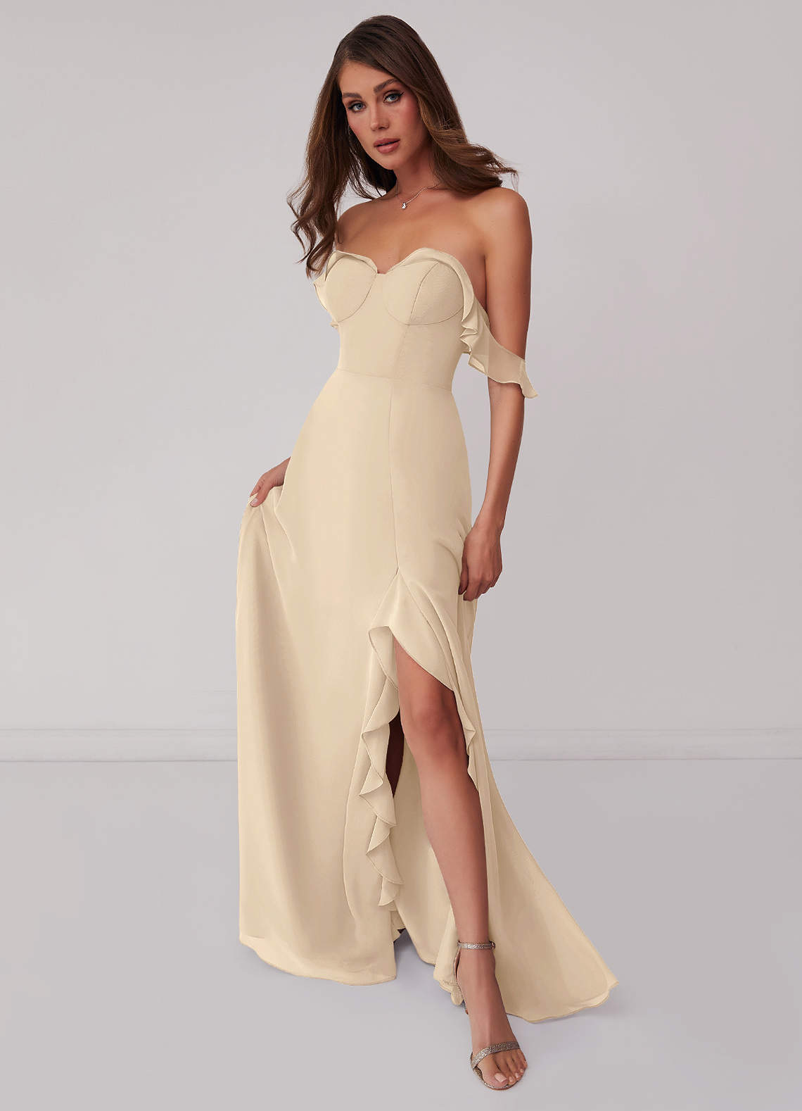 Barbie ♥ Azazie Bridesmaid Dresses Champagne A-Line Off the Shoulder Chiffon Convertible Dress image1
